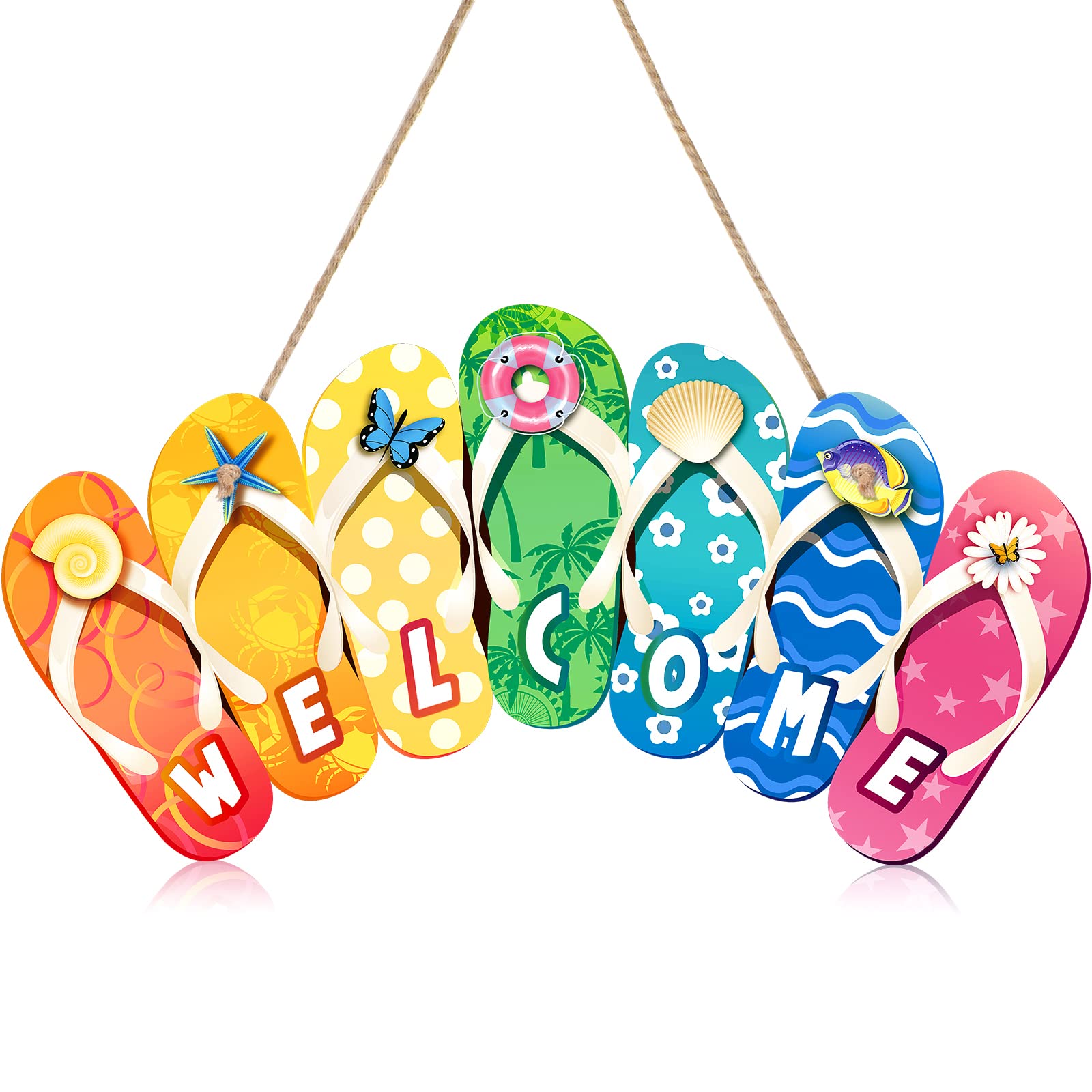Summer Slippers Hanging Sign Shape Welcome Hello Flip Flop Wooden Door Plaque Rustic Wall Sign Yard Indoor Outdoor Garden Decora