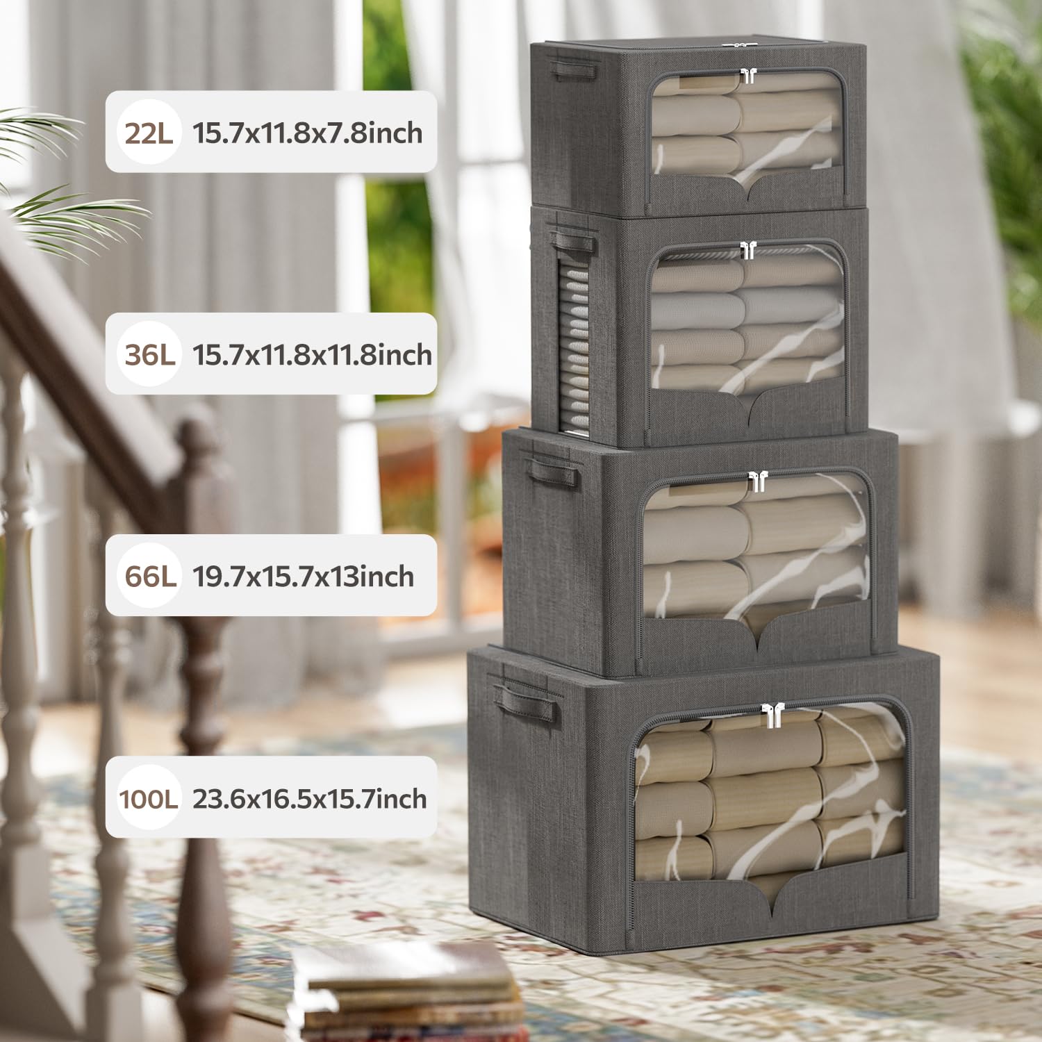 3 Pack Extra Large Clothes Storage Bins - Foldable Metal Frame Storage Box - Stackable Linen Fabric Organizer Set with Carrying