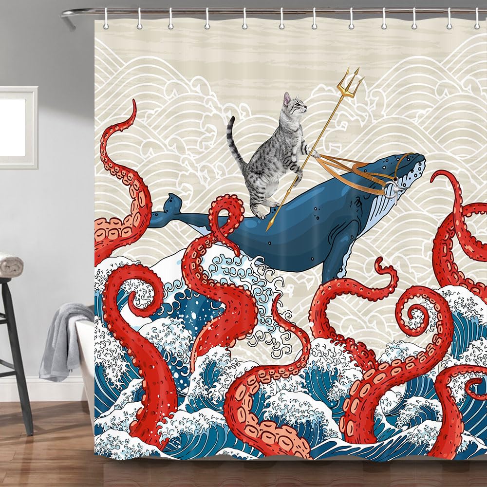 Uokiuki Funny Cat Whale Shower Curtain, Red Kraken Octopus Japanese Ocean Wave With Chinese Auspicious Clouds Shower Curtain Wit