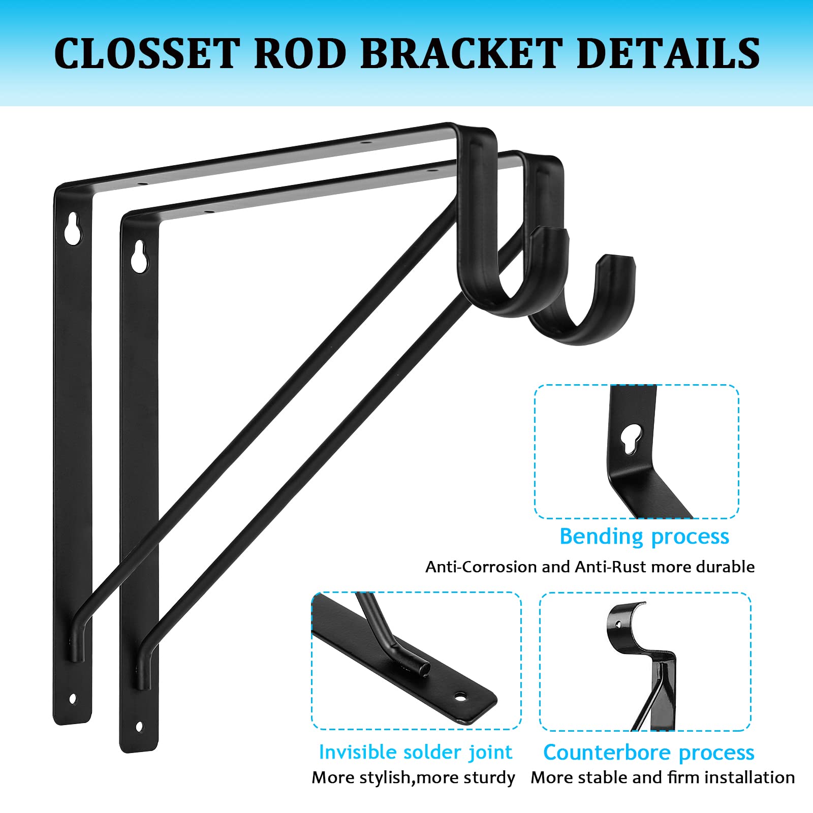 Ayaygd 4Pcs Heavy Duty Black Closet Rod Brackets 11 X 11 Inch,1-3/8Inch Diameter Shelf And Rod Bracket Holder For Home And Close