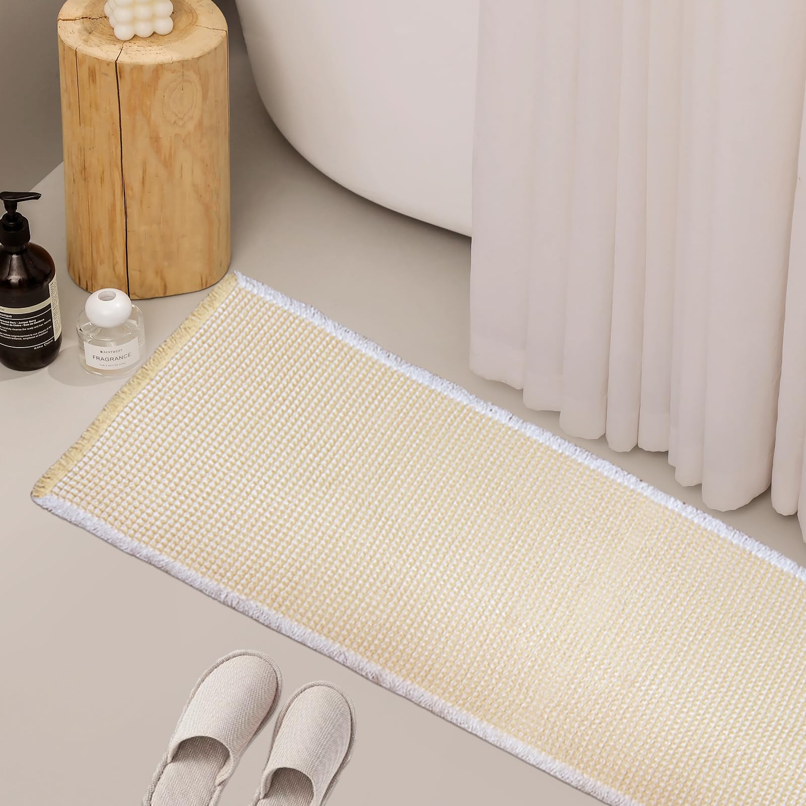 Zall Beige Waffle Bath Mat,Super Absorbent Non Slip Long Bathroom Rug,Cream 24X72Inch,Machine Washable Ultra Soft Floor Mats