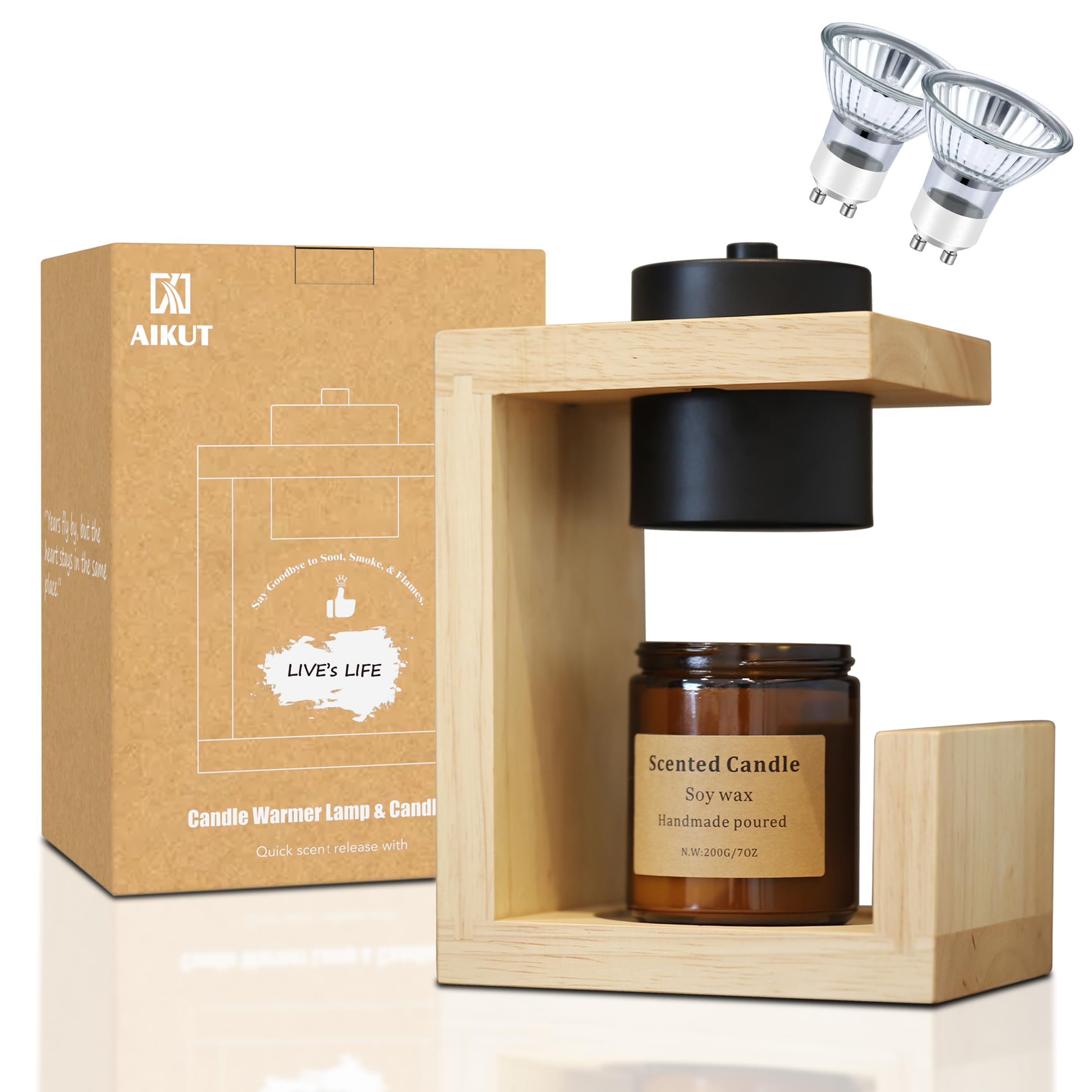 AIKUT Candle Warmer Lamp,with 2 Bulbs,Timer & Dimmer,Simple Natural Wood,Compatible Up to 4.5 inch Candles,for Home Scented and 