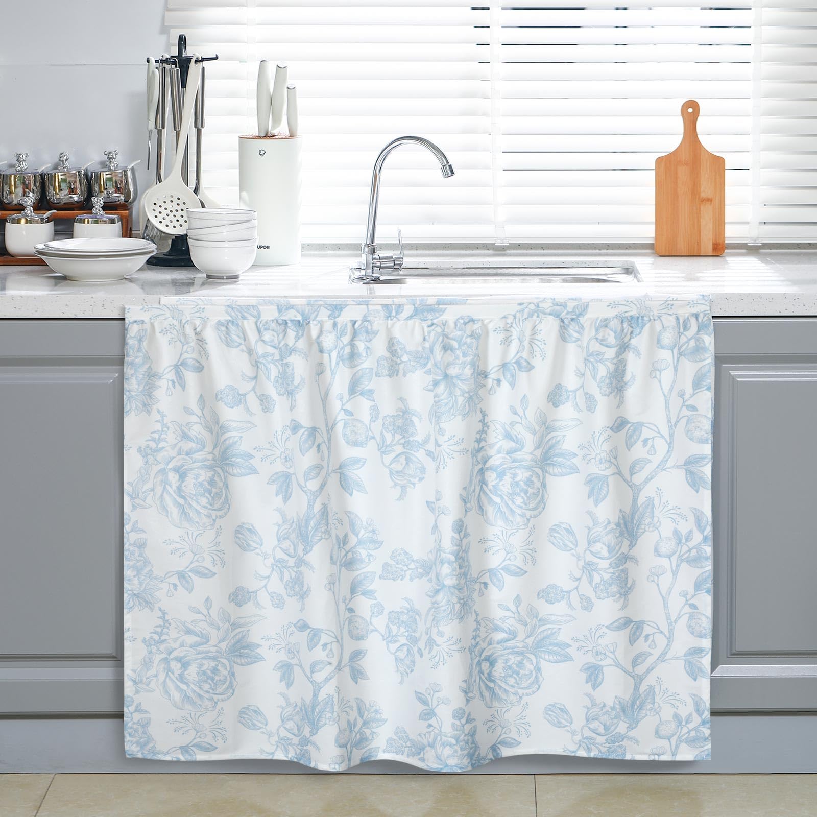 VitalCozy Cabinet Curtains 35 W x 35 L Sink Skirt for Bathroom Kitchen Blue Flower Floral Cabinet Curtains for Classroom Home Fa