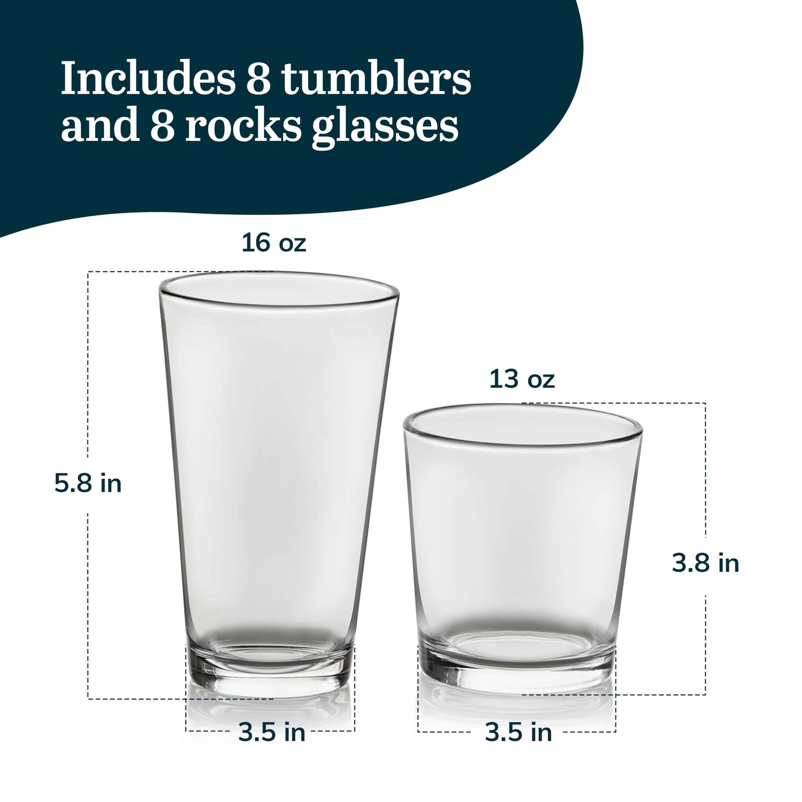 Libbey Flare Tumbler And Rocks Glasses Set, Stylish Lead-Free Drinking Glasses Set Of 16, Versatile Dishwasher Safe Kitchen Glas
