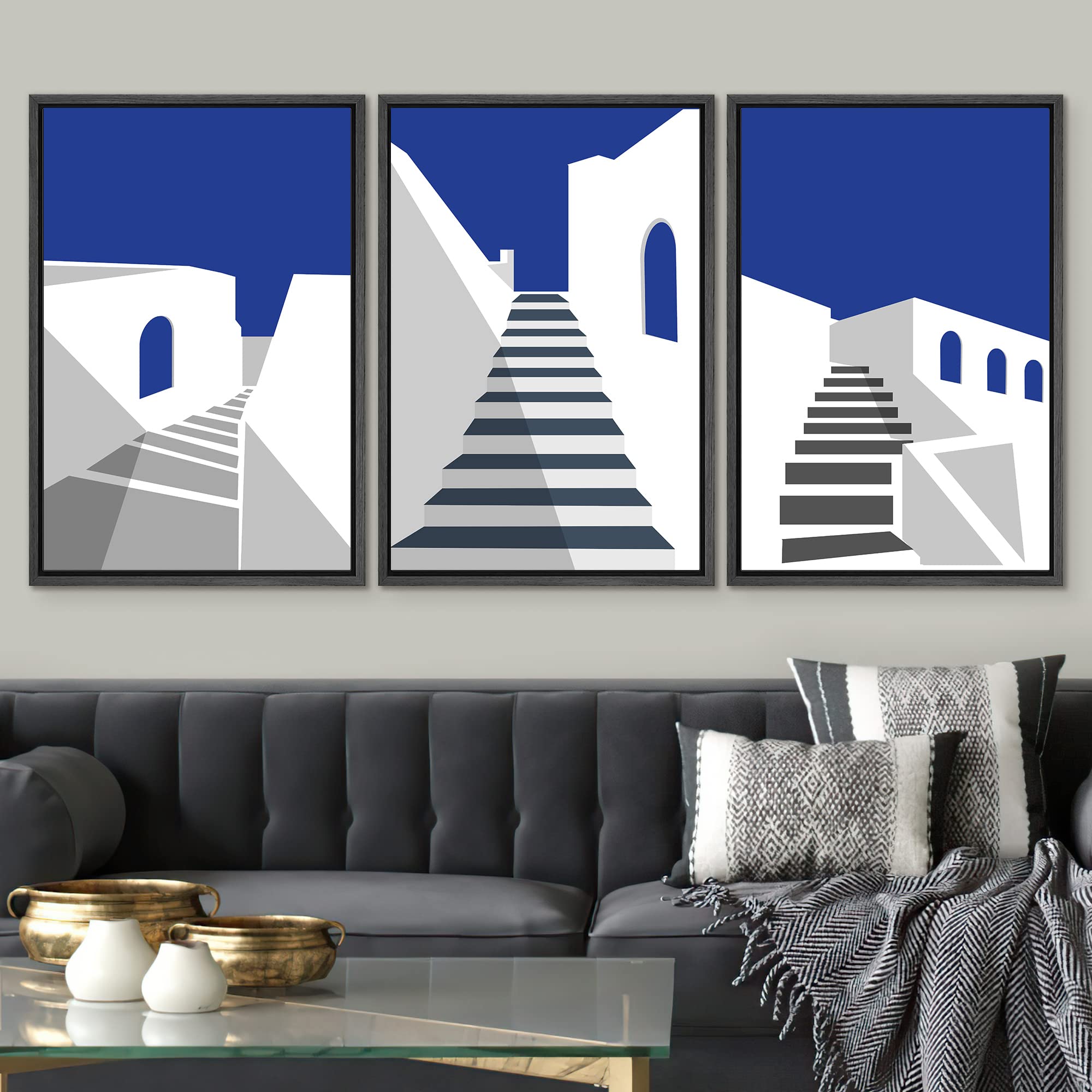Signwin Framed Canvas Print Wall Art Set Mediterranean Greece Blue Architecture Places Country Illustrations Modern Bohemian Sce