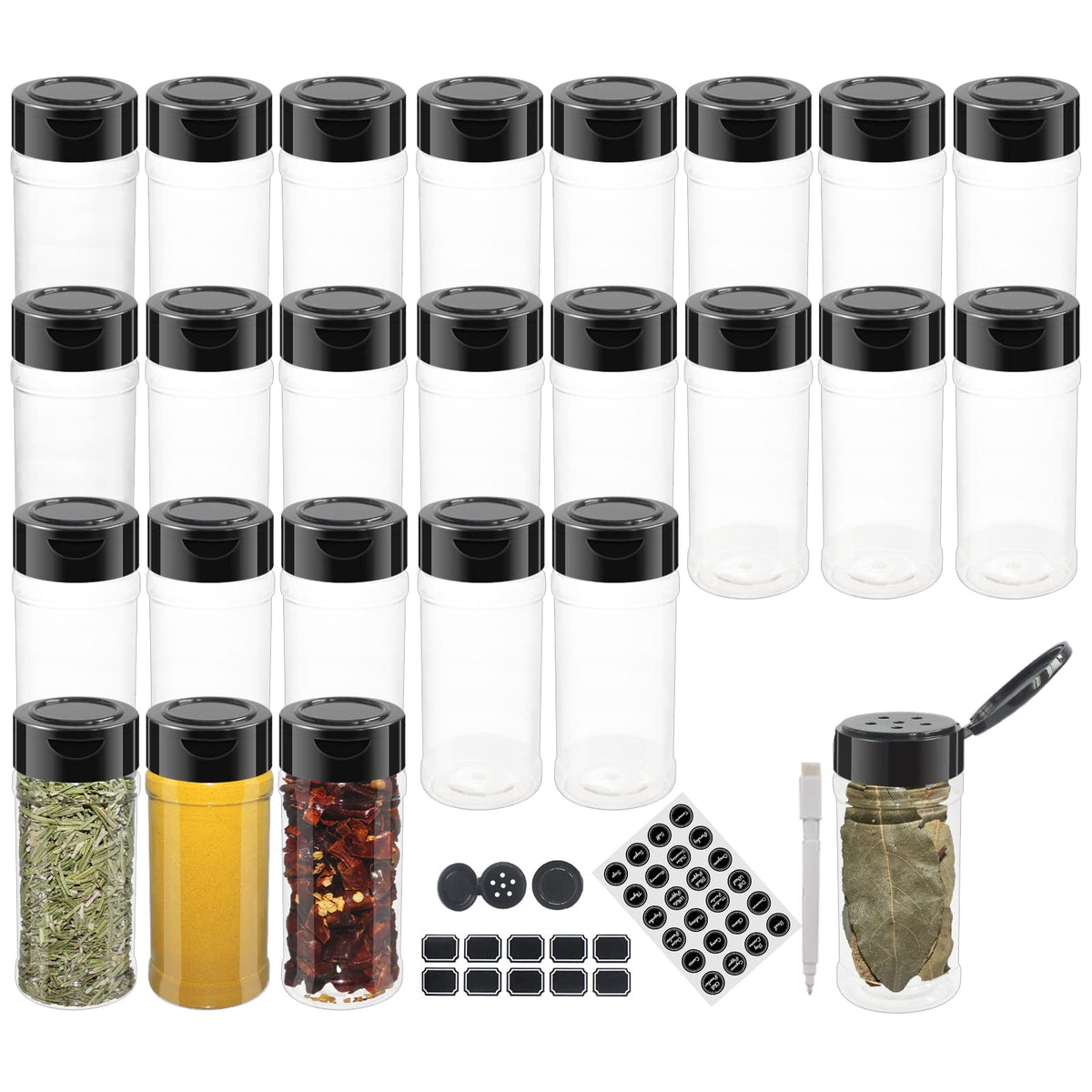 Bpfy 24 Pack 3Oz Clear Plastic Spice Jars With Black Plastic Lids, Round Spice Bottles, Plastic Seasoning Containers With Chalk