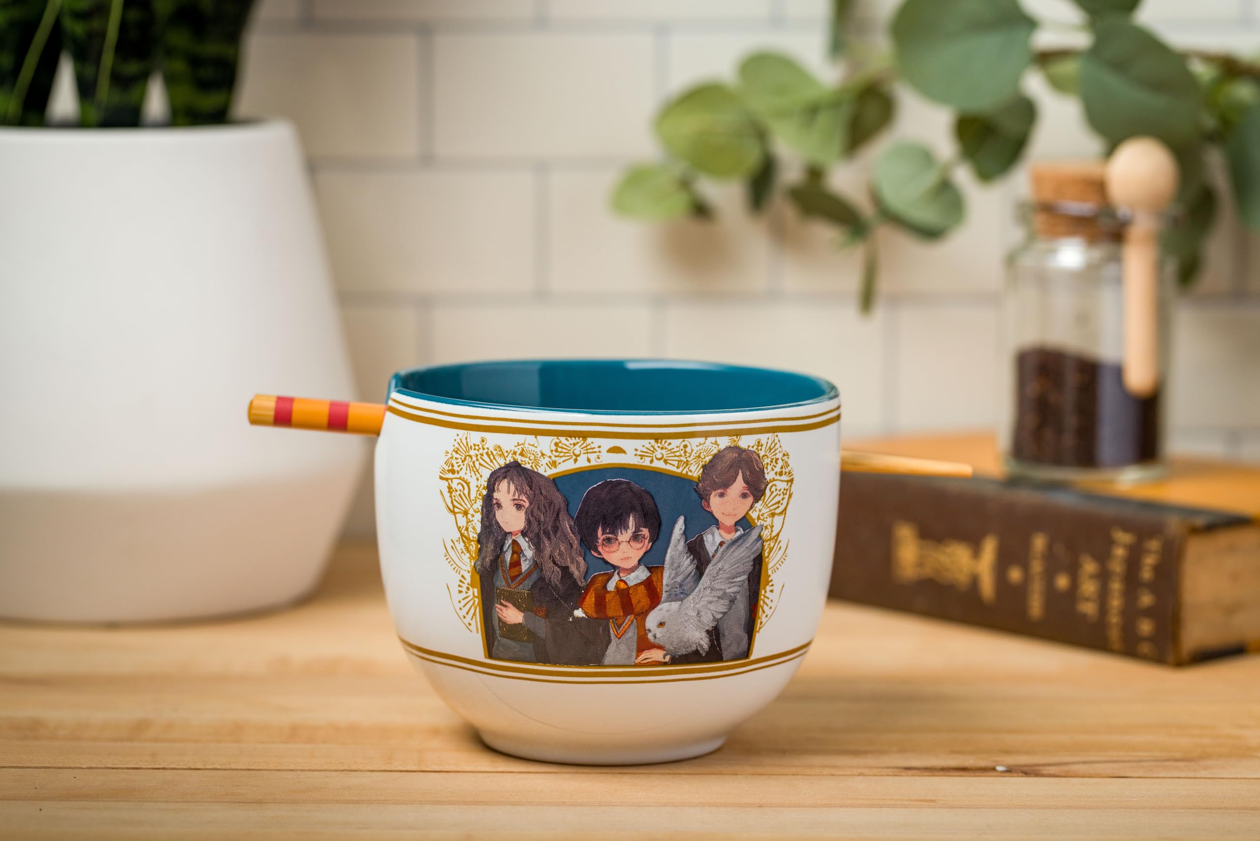 Silver Buffalo Harry Potter Trio Anime Style Ceramic Ramen Noodle Rice Bowl With Chopsticks, Microwave Safe, 20 Ounces