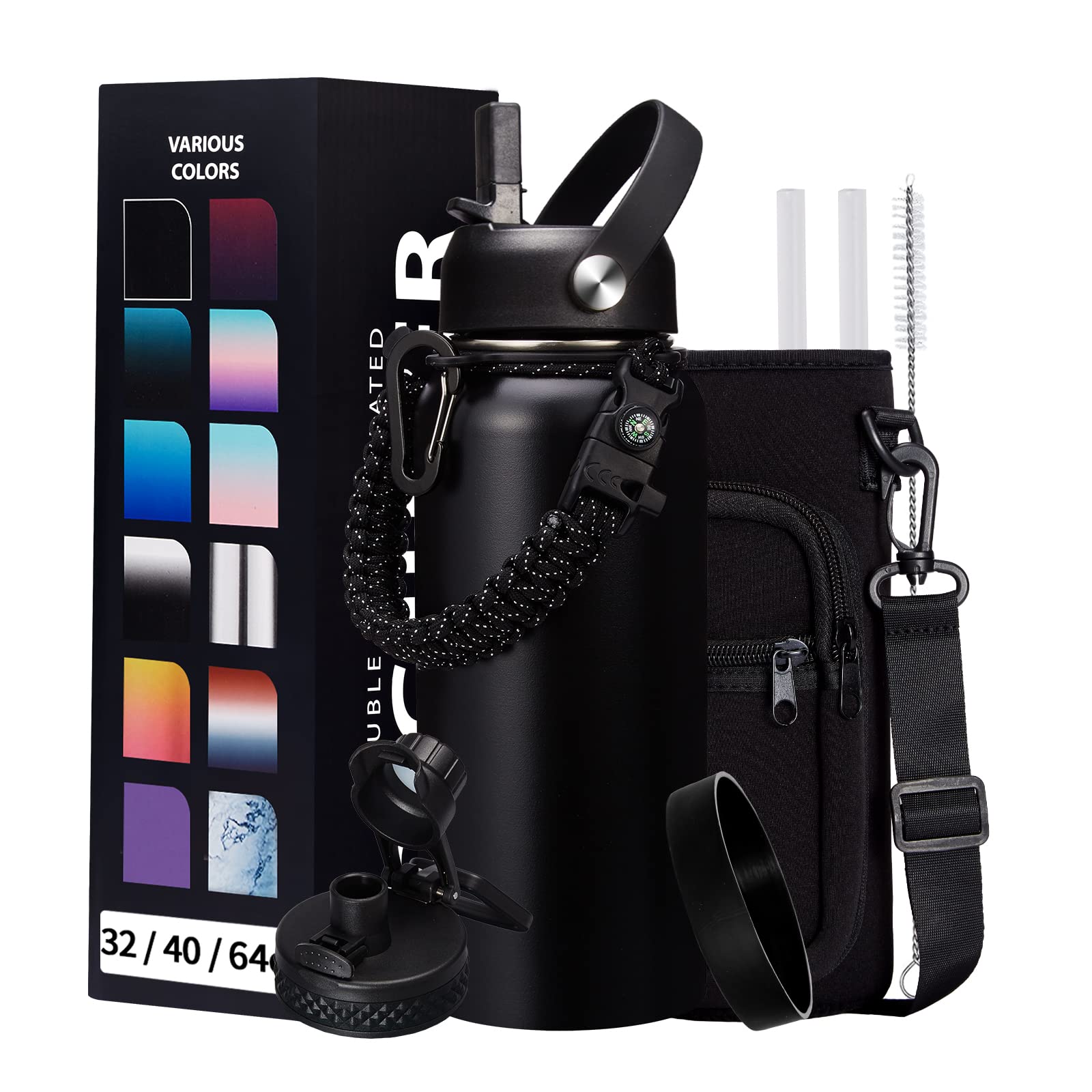 32-40-64Oz Stainless Steel Water Bottle - Black Water Bottle With Straw & Spout Lid, Paracord Handle & Bottle Sleeve, Insulated