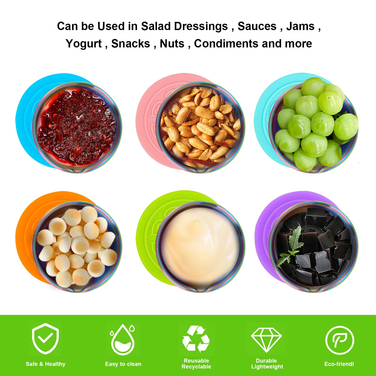 Salad Dressing Container To Go, 6X1.6 Oz Reusable Small Containers With Lids, Rainbow Sauce Containers For Lunch Box, 18/8 Stain