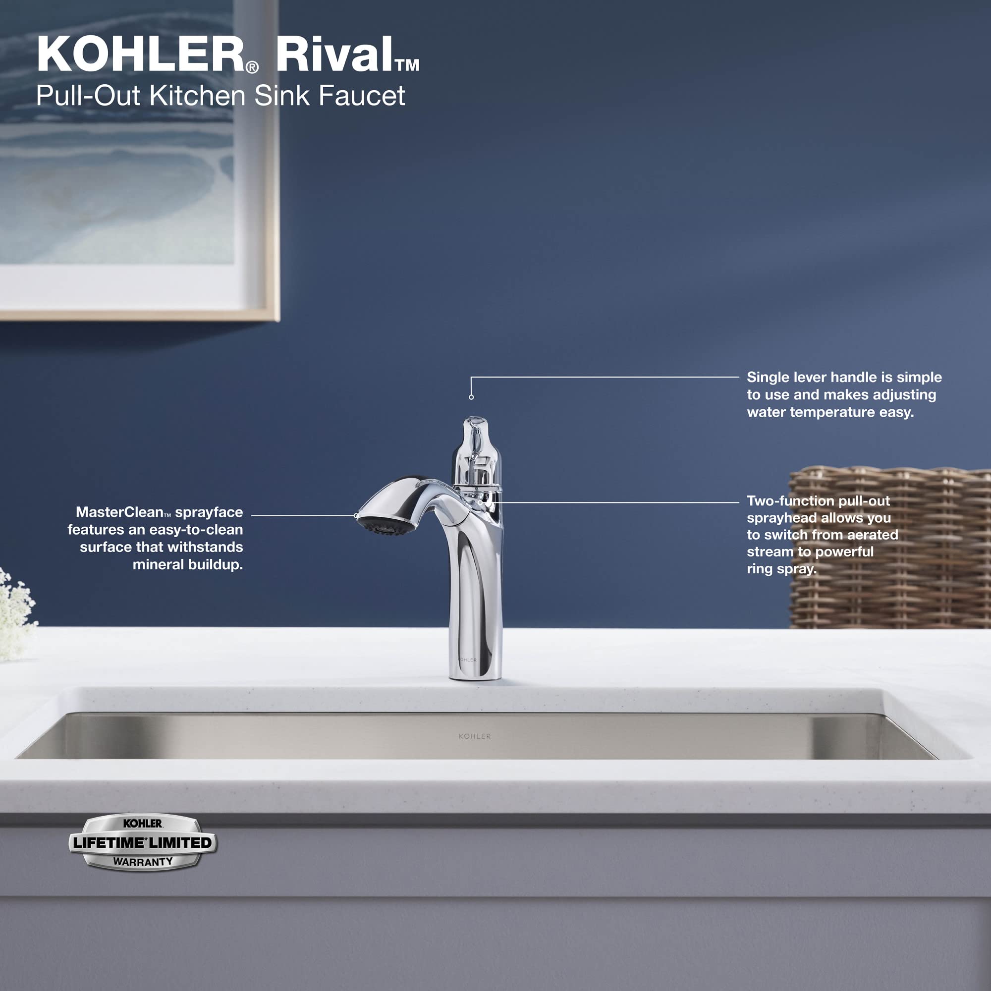 Kohler 30468-Vs Rival Single Handle Pull-Out Kitchen, Laundry, Utility Sink Faucet, Vibrant Stainless, 1.5 Gpm