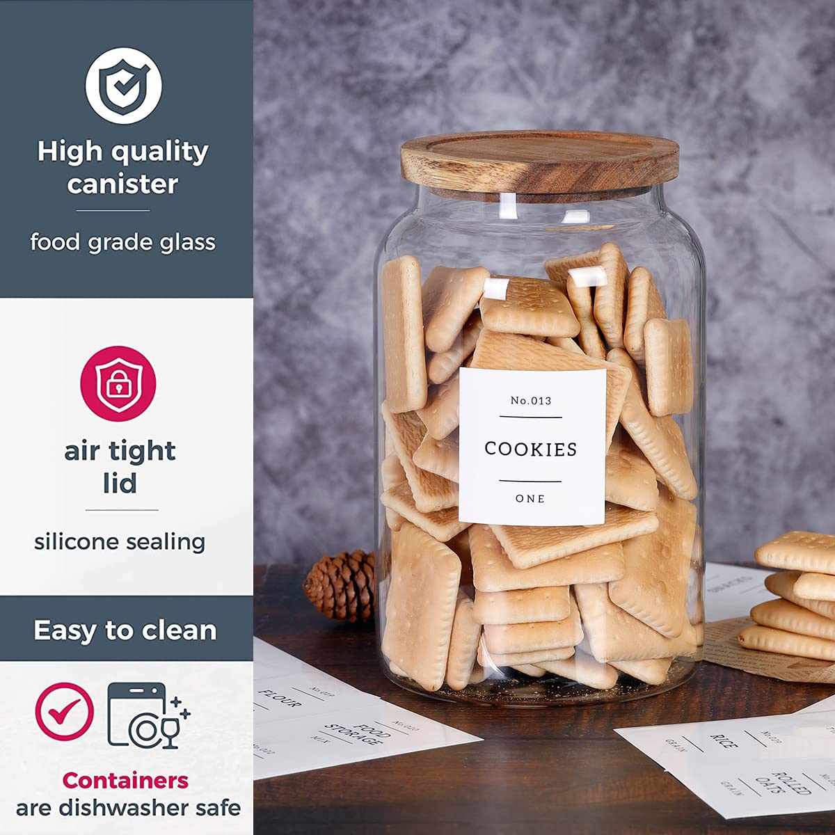 1 Gallon Large Glass Cookie Jar With Airtight Acacia Lids - Thicken Big Food Storage Containers With 42 Kitchen Waterproof Pantr