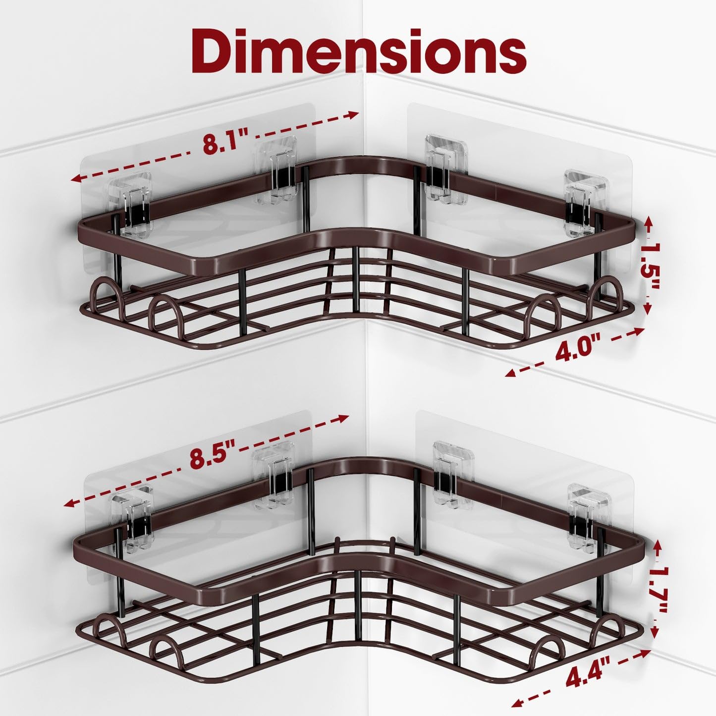 Sakugi Corner Shower Caddy - 2 Pack, Adhesive Shower Organizers, Rustproof Stainless Steel Shower Shelves With 8 Hooks, No Drill