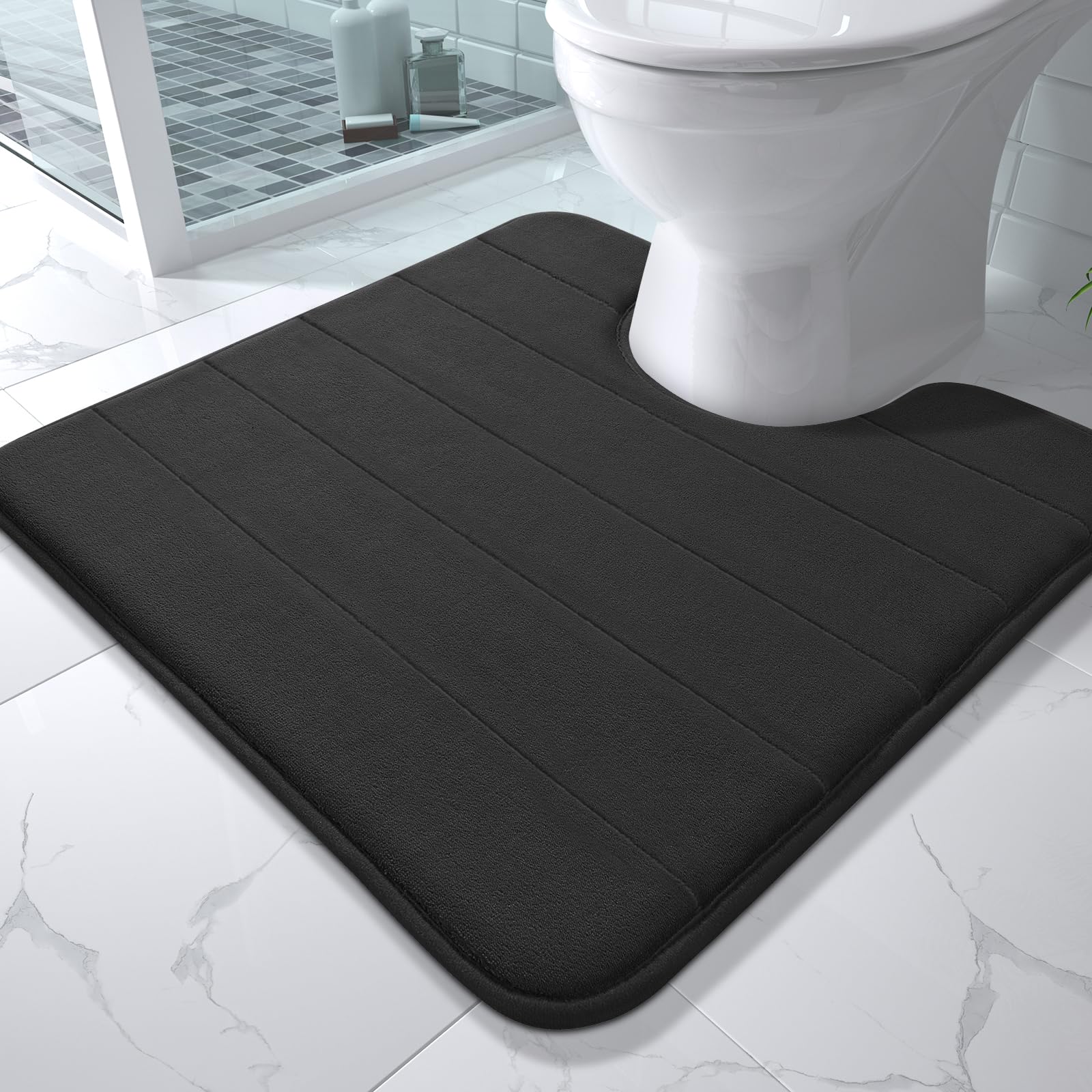 Yimobra Memory Foam Toilet Bath Mat U-Shaped  Commode Contour Rug  Soft and Comfortable  Super Water Absorption  Non-Slip  Thick  Machine Wash and Easier to Dry for Bathroom  24 X 24 Inches  Black