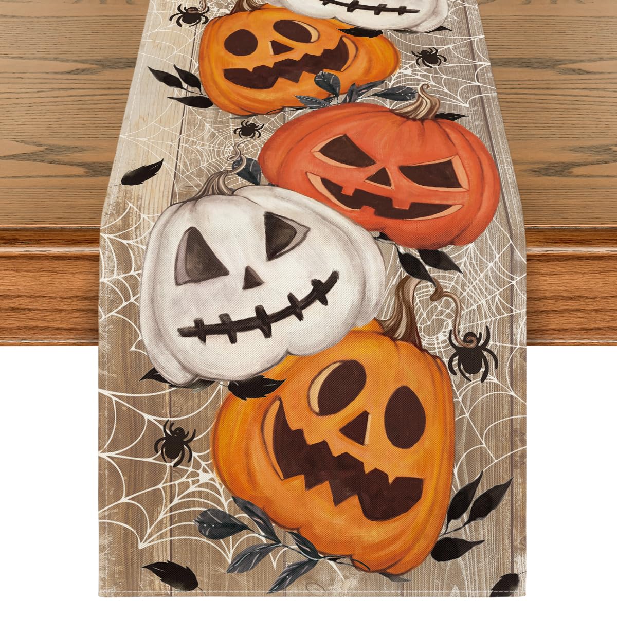 Artoid Mode Jack-O'-Lantern Pumpkins Spider Web Retro Halloween Table Runner, Seasonal Kitchen Dining Table Decoration For Home