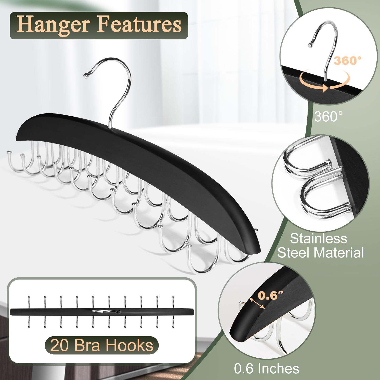 Nanati 2 Pack Bra Hangers For Closet Organizer, Wooden Tank Top Hanger, Bra Organizer With 40 Stainless Steel Hooks, Closet Orga