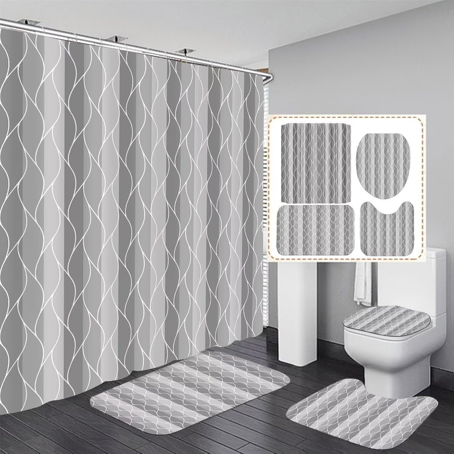 Ddqq 4Pcs Grey Shower Curtain Set With Rugs Stripe Bathroom Sets Geometric Wave Lines Shower Curtain With 12 Hooks Bathroom Deco