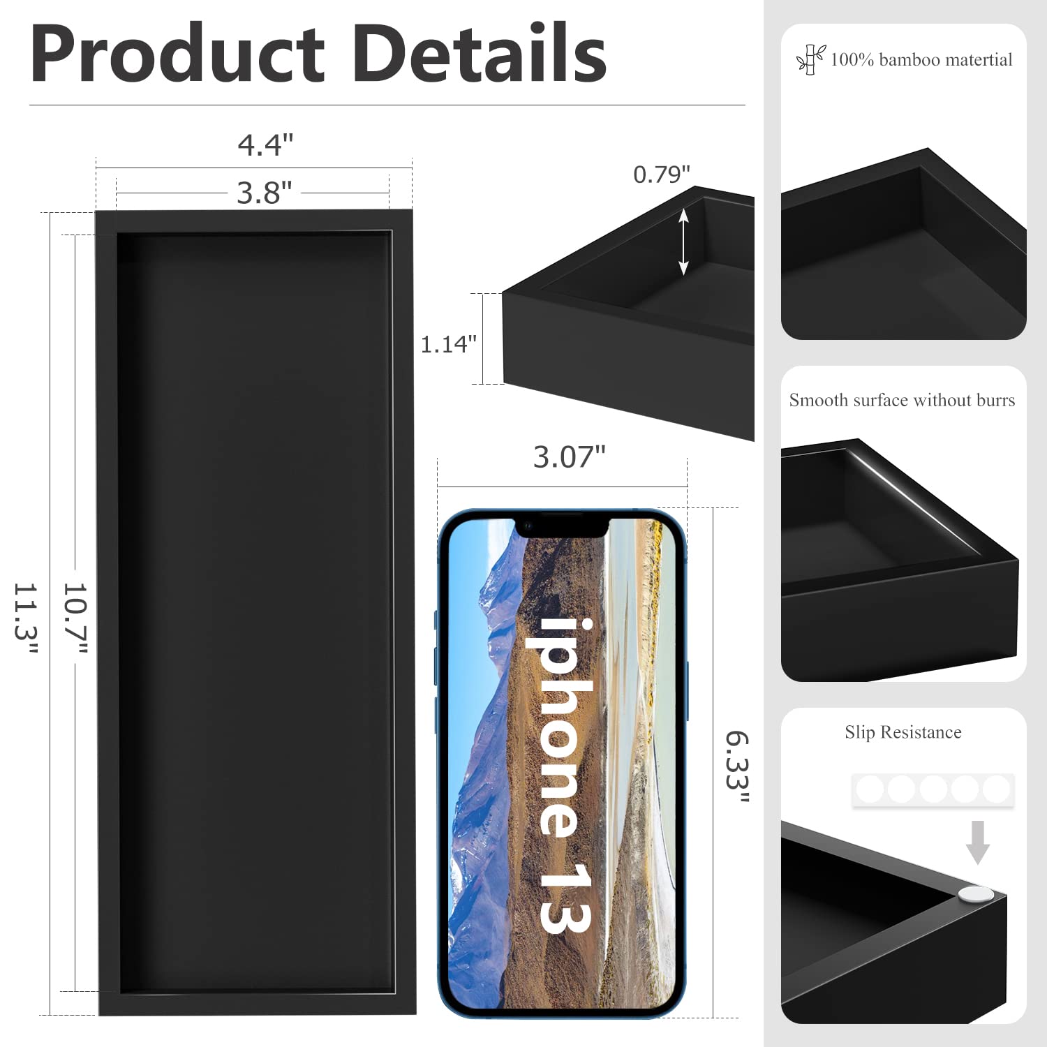 Bathroom Vanity Tray Bamboo - For Counter Wood Small Decorative Tray, Dresser Top Perfume Home Decoration 11.3    L X 4.4    W 1