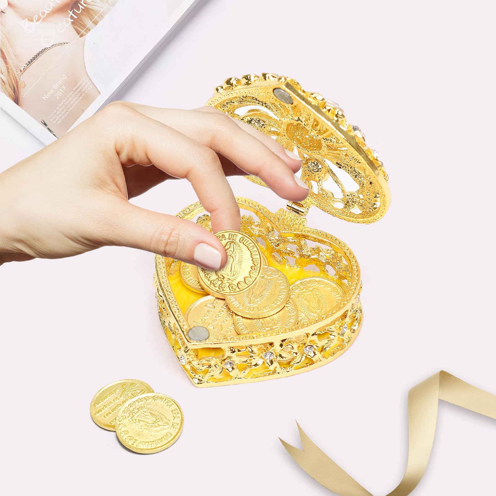 Wedding Arras Coins Set - Gold Heart Shaped Box with 13 Virgen of Guadalupe Coins, Arras De Boda Cristiana, Wedding Accessories