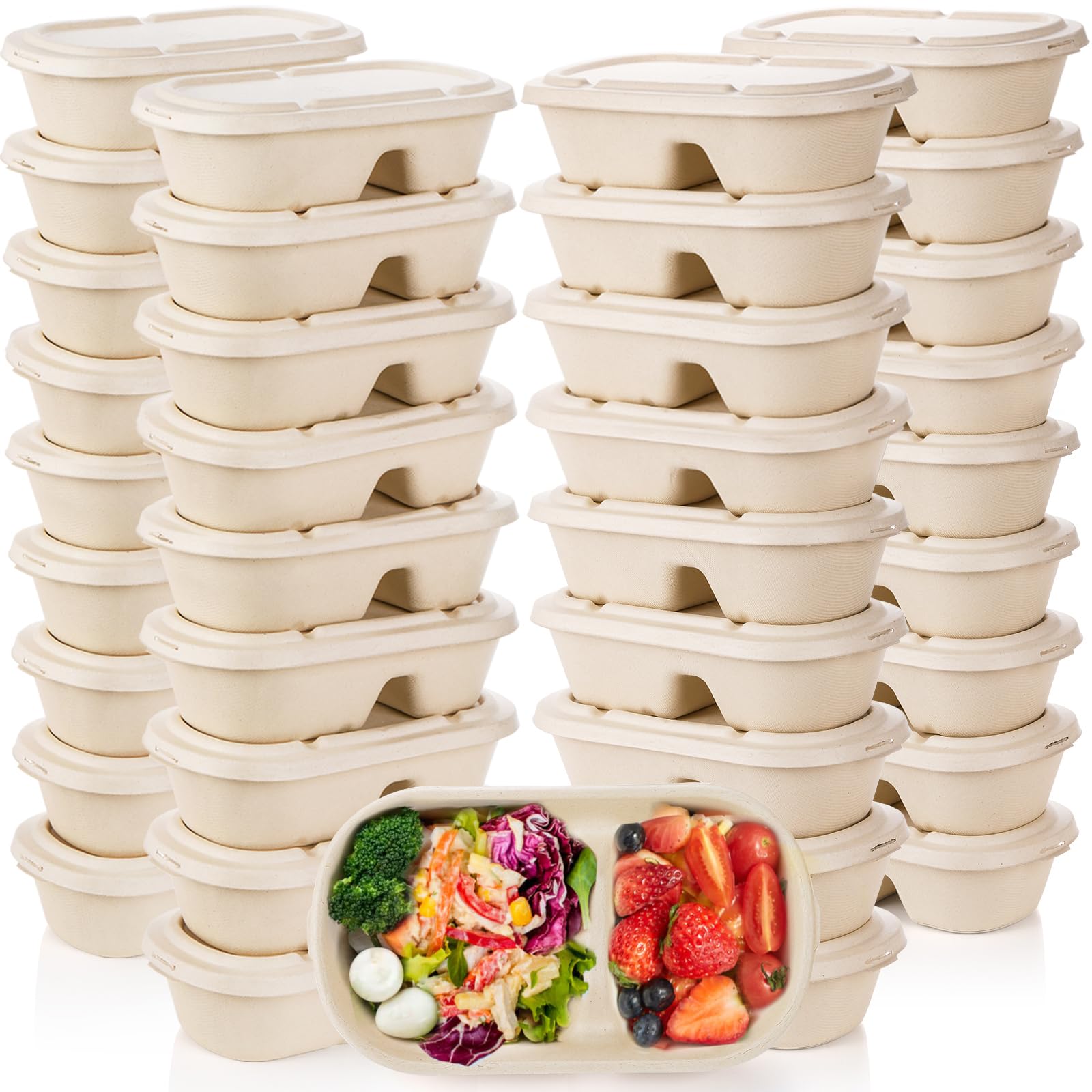 Yesland 50 Pcs Compostable Take Out Food Containers with Lid, 33 oz Bagasse to Go Container 2 Compartment Rectangular Disposable
