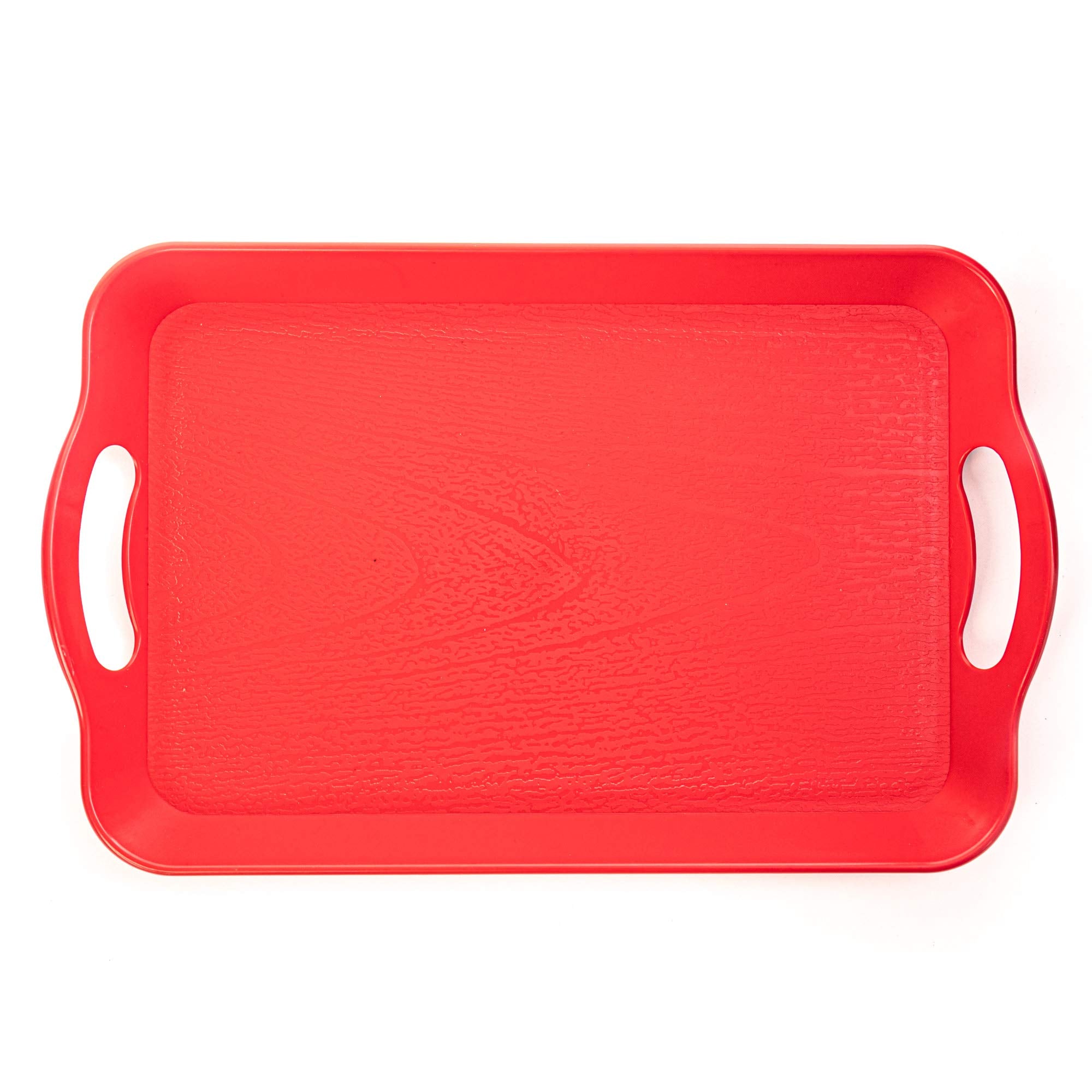 Handled Cafeteria Tray - 14'' X 9'' Rectangular Wood Grain Textured Plastic Food Serving Tv Tray - Great For Restaurant Buffets,