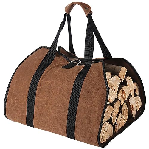 Tenn Well Firewood Carrier  38in x 18in 16oz Waxed Canvas Log Carrier for Firewood  Wood Carrying Bag with Handles Securing Straps for Indoors Camping Trip Christmas Gift (Brown)