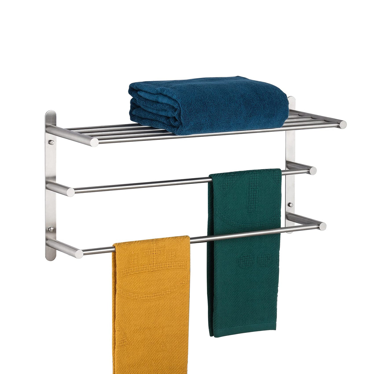 Kokosiri 3 Tier Bath Towel Bar 24 Inch Wall Mounting Rack With Towel Bars Towel Shelf With Single Towel Bar Bathroom Ladder, Bru