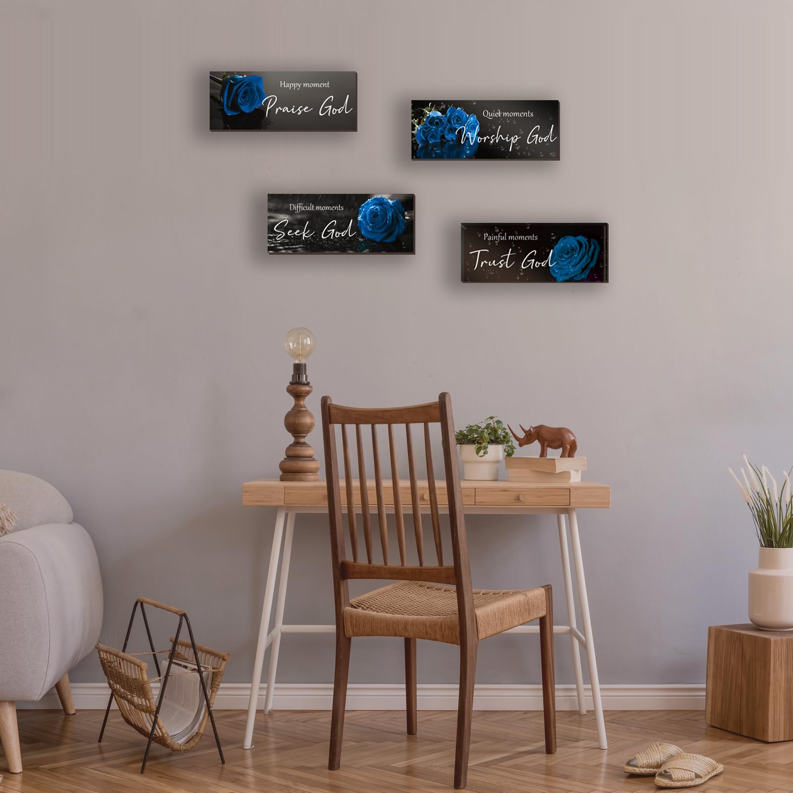 ONIZHITY 4 Pcs Blue Bathroom Decor Religious Wall Art Bible Verse Inspirational Navy Blue Rose Wall Decor Rustic Wooden Christia