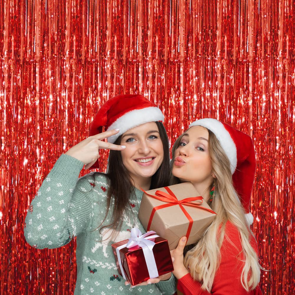 GOER 3.2 ft x 9.8 ft Metallic Tinsel Foil Fringe Curtains Party Photo Backdrop Party Streamers for Birthday Graduation New Year Eve Decorations Wedding Decor (1 Pack  Red)