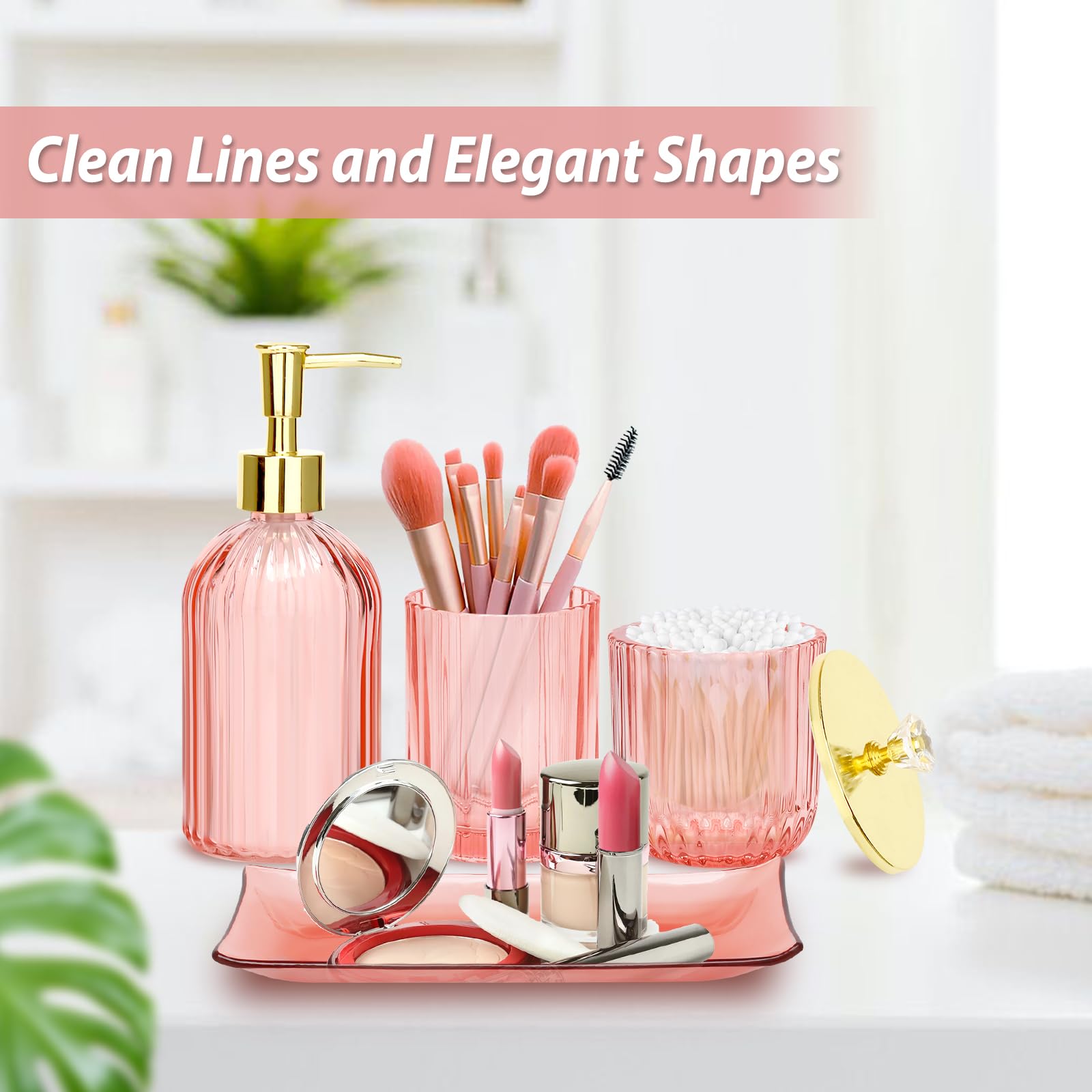 Jenseits Pink Bathroom Accessories Set, 4 Pcs Glass Bathroom Accessory Sets, Soap Dispenser, Toothbrush Holder, Qtip Holder, Van