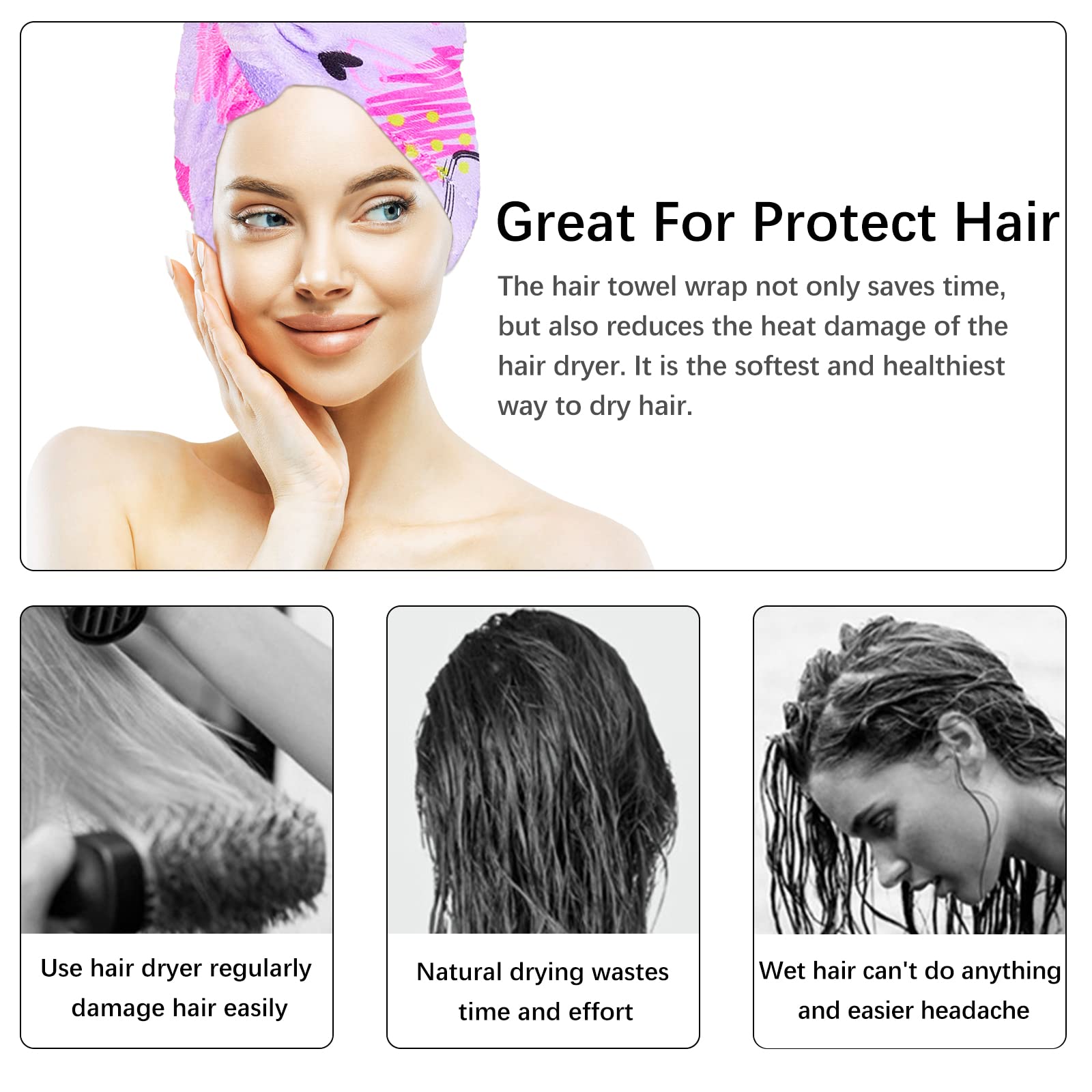 RETON 4 Pack Microfiber Hair Drying Towel, Hair Towel Wrap for Kids Girls Women, Super Absorbent Hair Turbans for Wet Hair, Fast