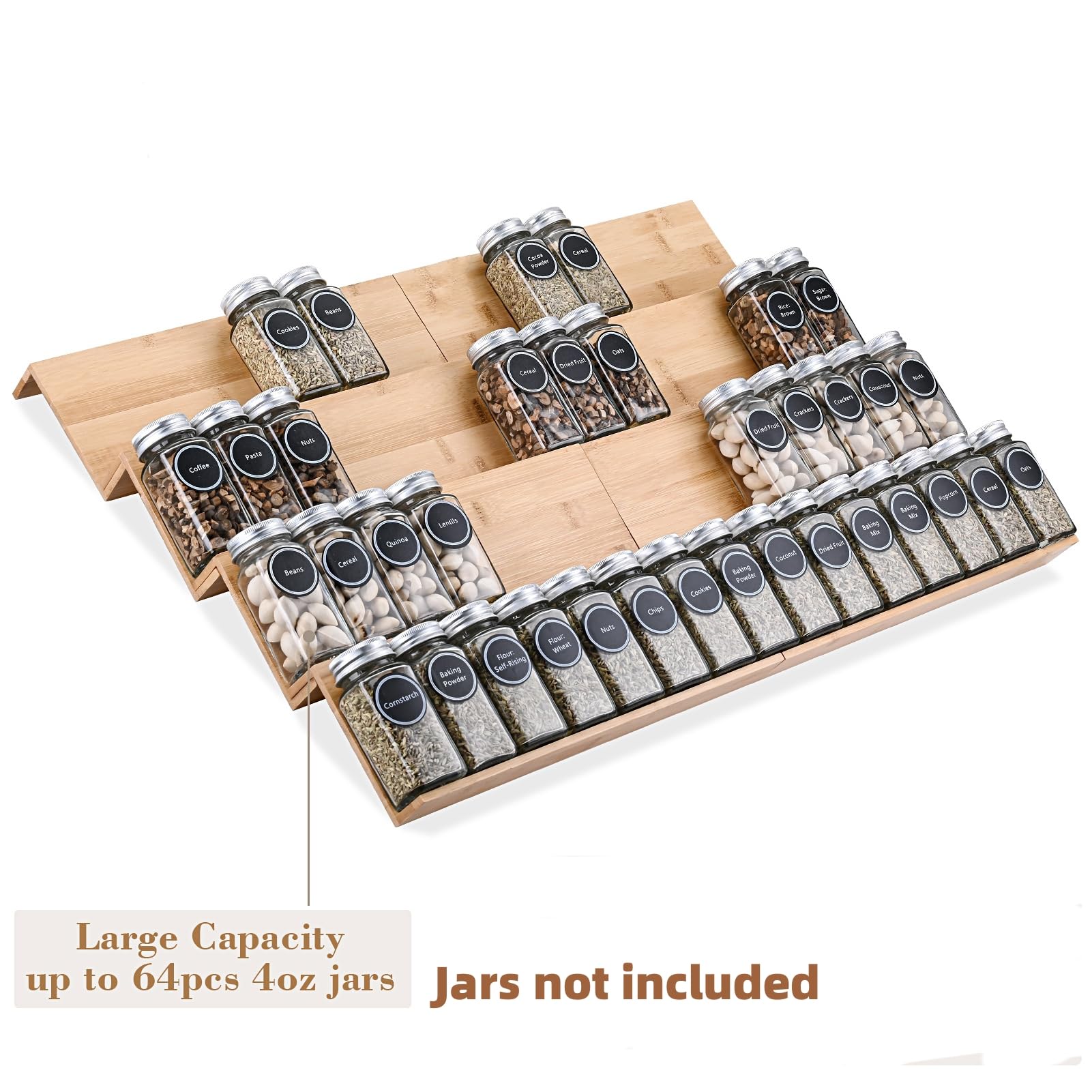Mulush Bamboo Spice Rack Tray - 64 Jars Spice Drawer Organizer for Kitchen Cabinets Storage and Organization