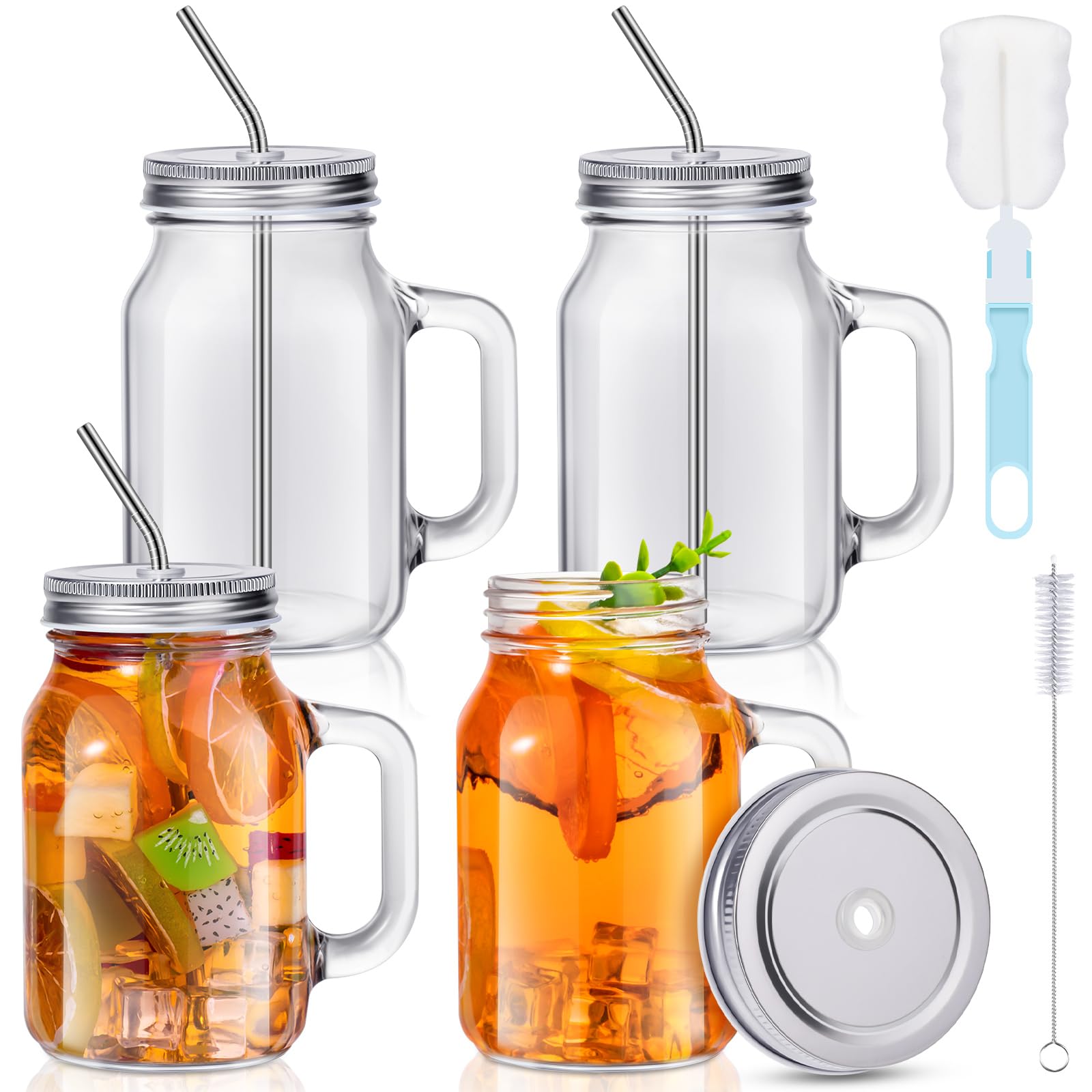 Jinei 4 Sets 20 oz Mason Jar Drinking Glasses with Handle and Straws Glass Tumbler with Wide Mouth Drinking Cups Reusable Mason 