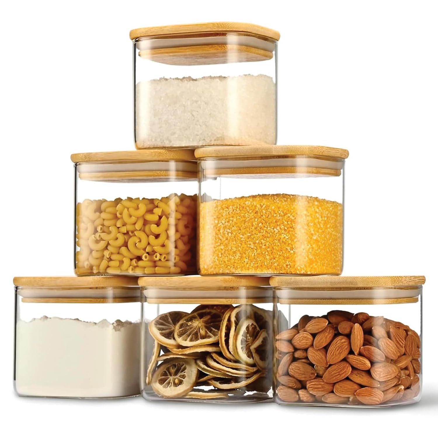 Mellora Square Glass Jar Airtight Container Set Of 6 (200Ml Square Lid)
