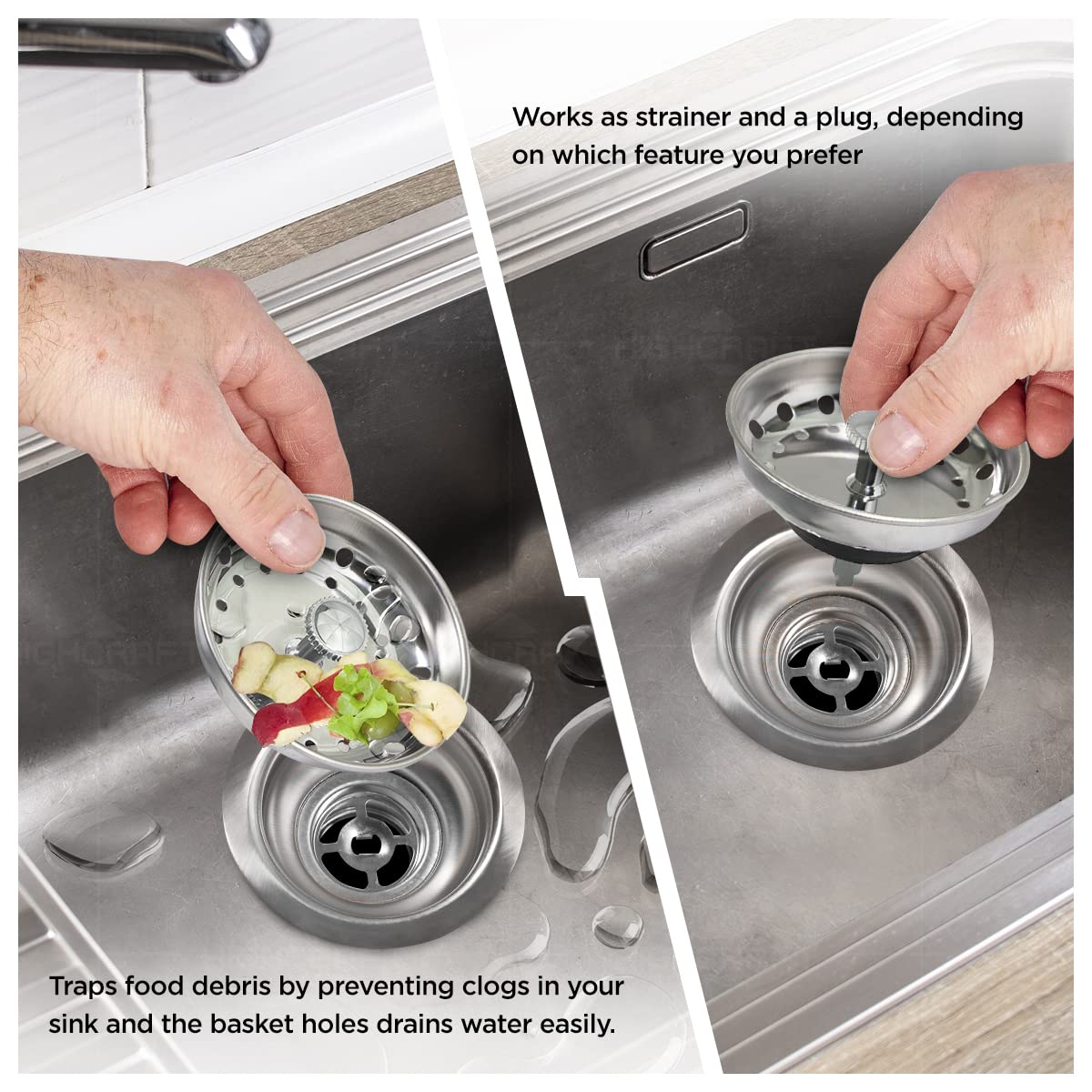 Highcraft 9737 Double Cup Kitchen Sink (3-1/2 Inch) Stainless Steel Drain Assembly With Strainer Basket And Rubber Stopper, 1 Co
