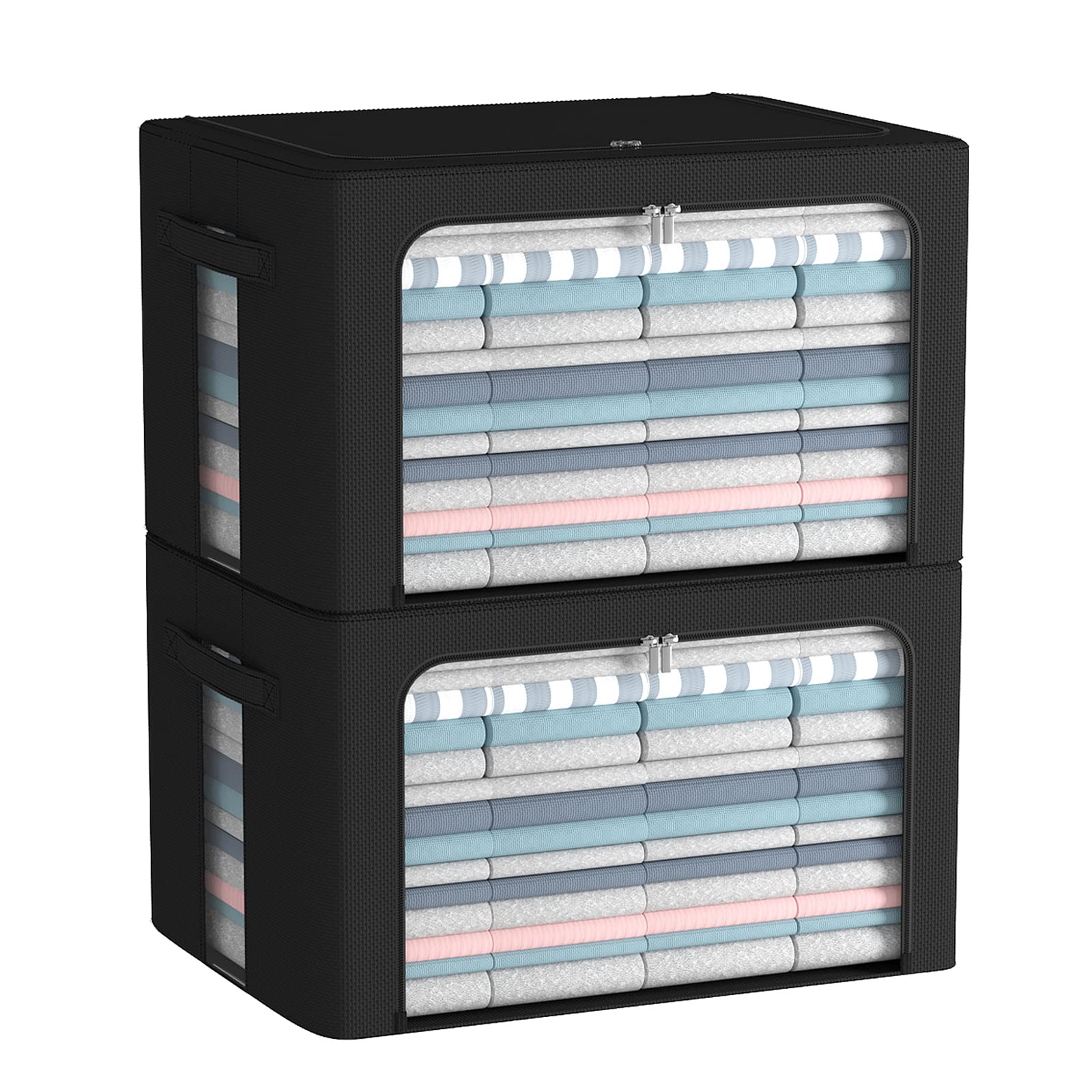 2 Pack Clothes Storage Bins- Foldable Metal Frame Storage Box Linen Fabric Organizer Set with Carrying Handles and Clear Windo-2