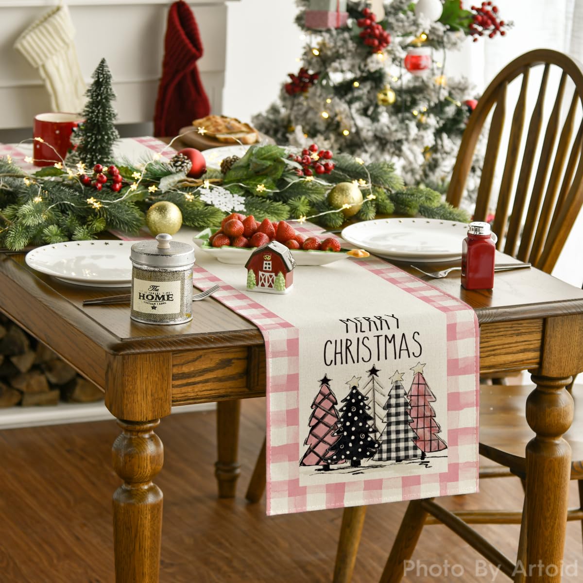 Artoid Mode Watercolor Pink Buffalo Plaid Christmas Trees Merry Xmas Table Runner, Seasonal Winter Holiday Kitchen Dining Table