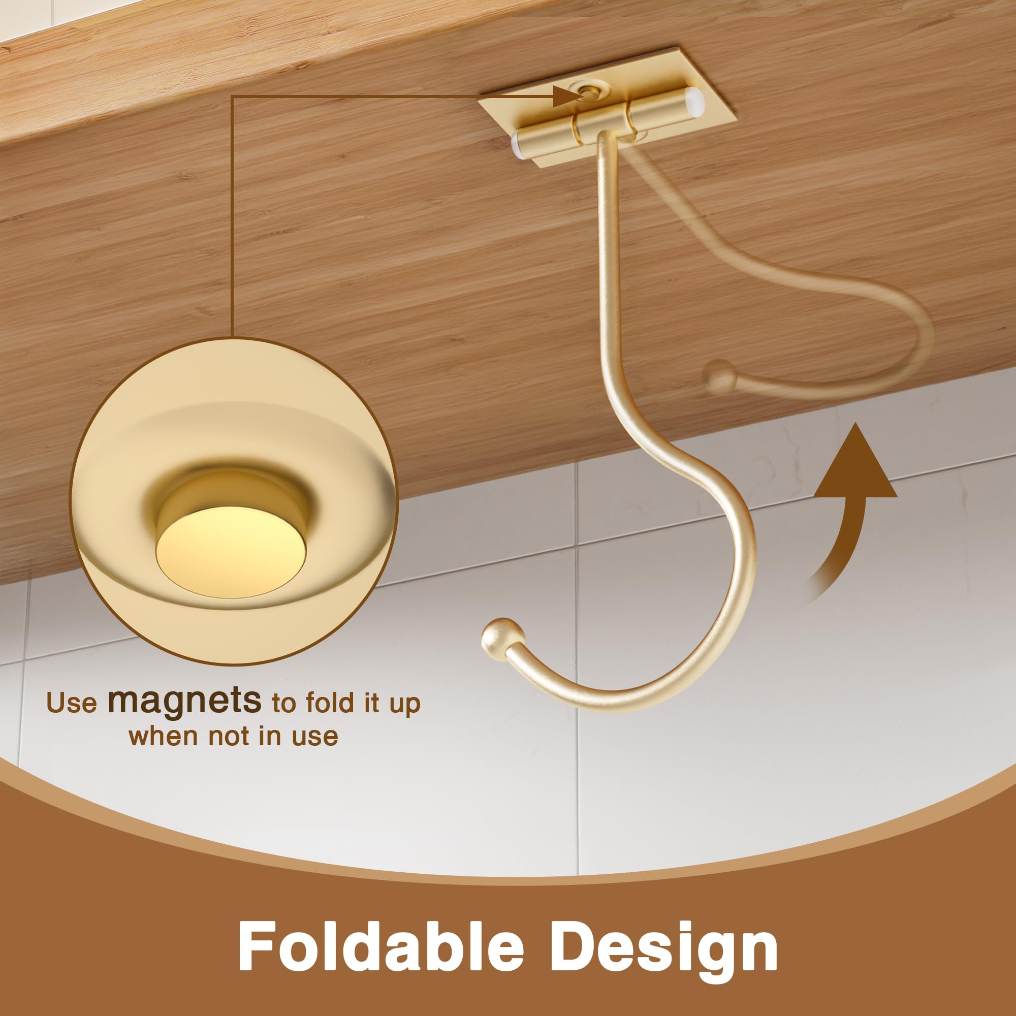 Josmimic Gold Banana Hook - Foldable Under Counter Hanger, Self-Adhesive Magnetic, 1 Pack, Metal