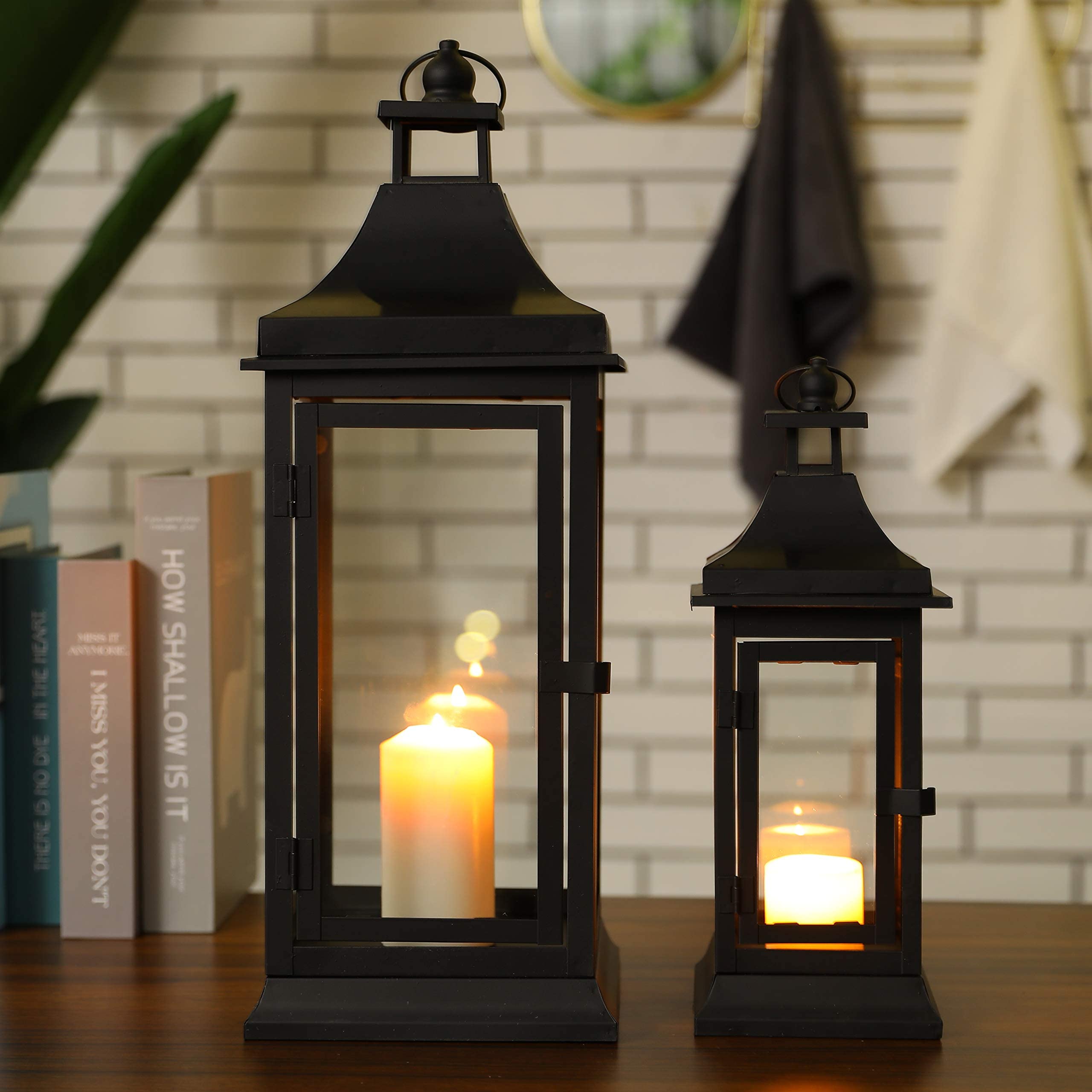 JHY DESIgN Set of 2 13&195Tall Outdoor candle Lanterns Vintage Hanging Tower Lantern Metal candle Holder for garden Living Room Indoor Outdoor Parties Weddings Balcony(Black)