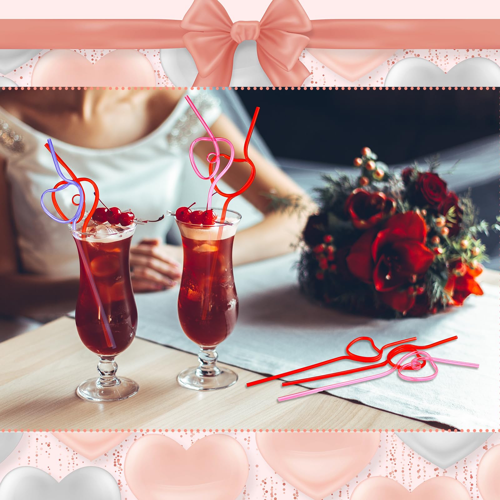 40 Pieces Valentines Plastic Straws Heart Shaped Drinking Straws Decorative Heart Straws For Valentine'S Day Wedding Party Suppl