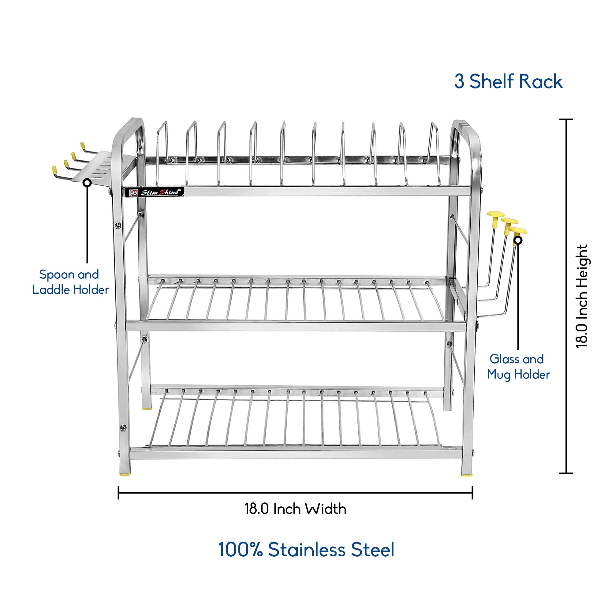 Slimshine Kitchen Dish Rack/ Plate Cutlery Stand/Kitchen Utensils Rack/Modern Kitchen Storage Rack (18 X 18,Alloy Steel)