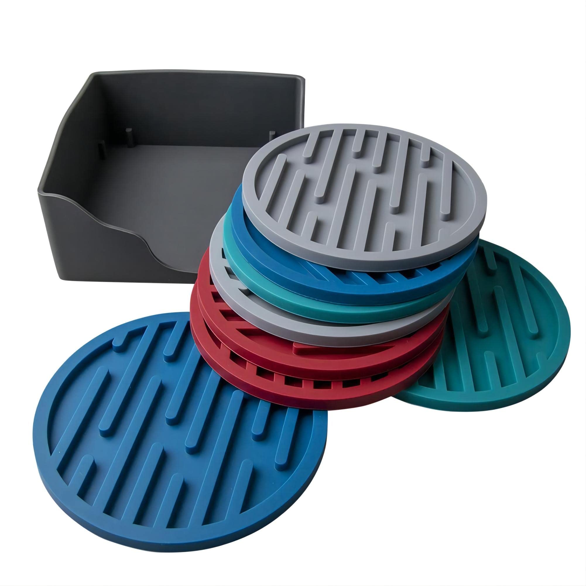 Viwehots Drink Coasters Silicone Cup Coaster Sets Of 8 With Holder Fits Drinking Glasses, Protect For Table Type Wood, Granite,