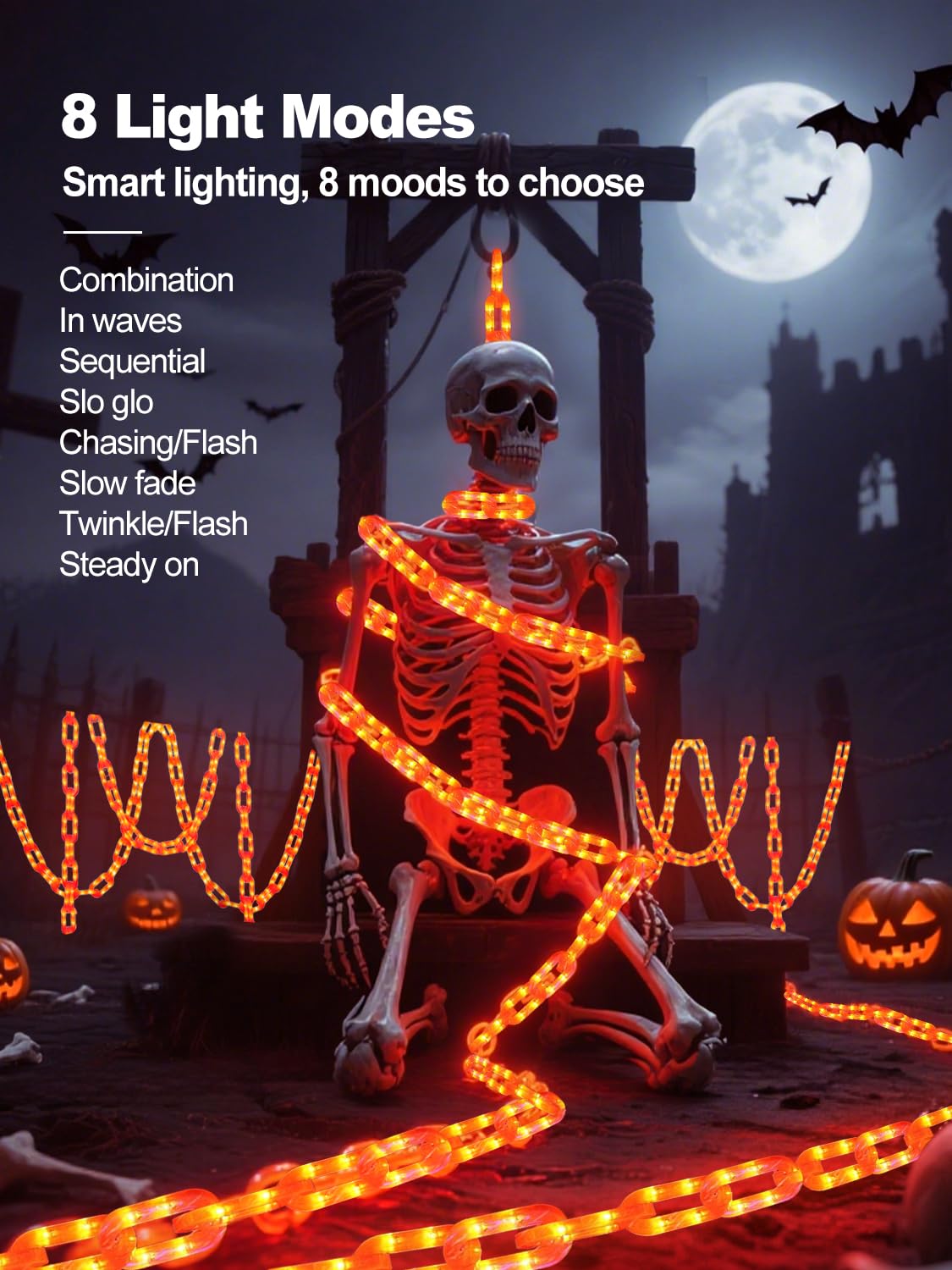 Halloween Chain Lights - 10 Ft 160 LED Orange Plastic Chains, Battery Operated Halloween Decorations with 8 Lighting Modes & Tim