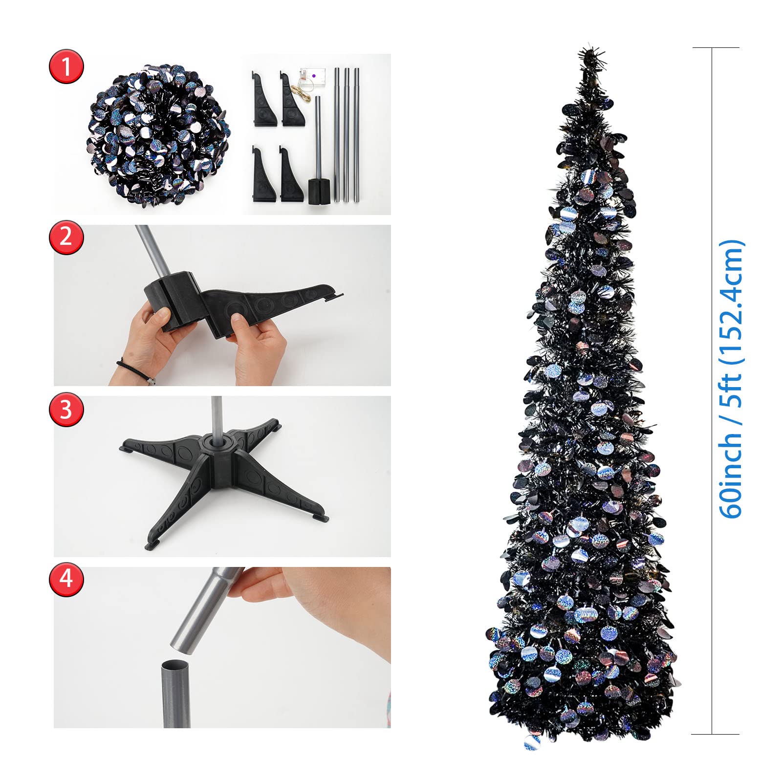 Black Halloween Christmas Tree with 50 Lights,5ft Pop Up Artificial Collapsible Pencil Tinsel Trees for Bedroom Decorations Holi