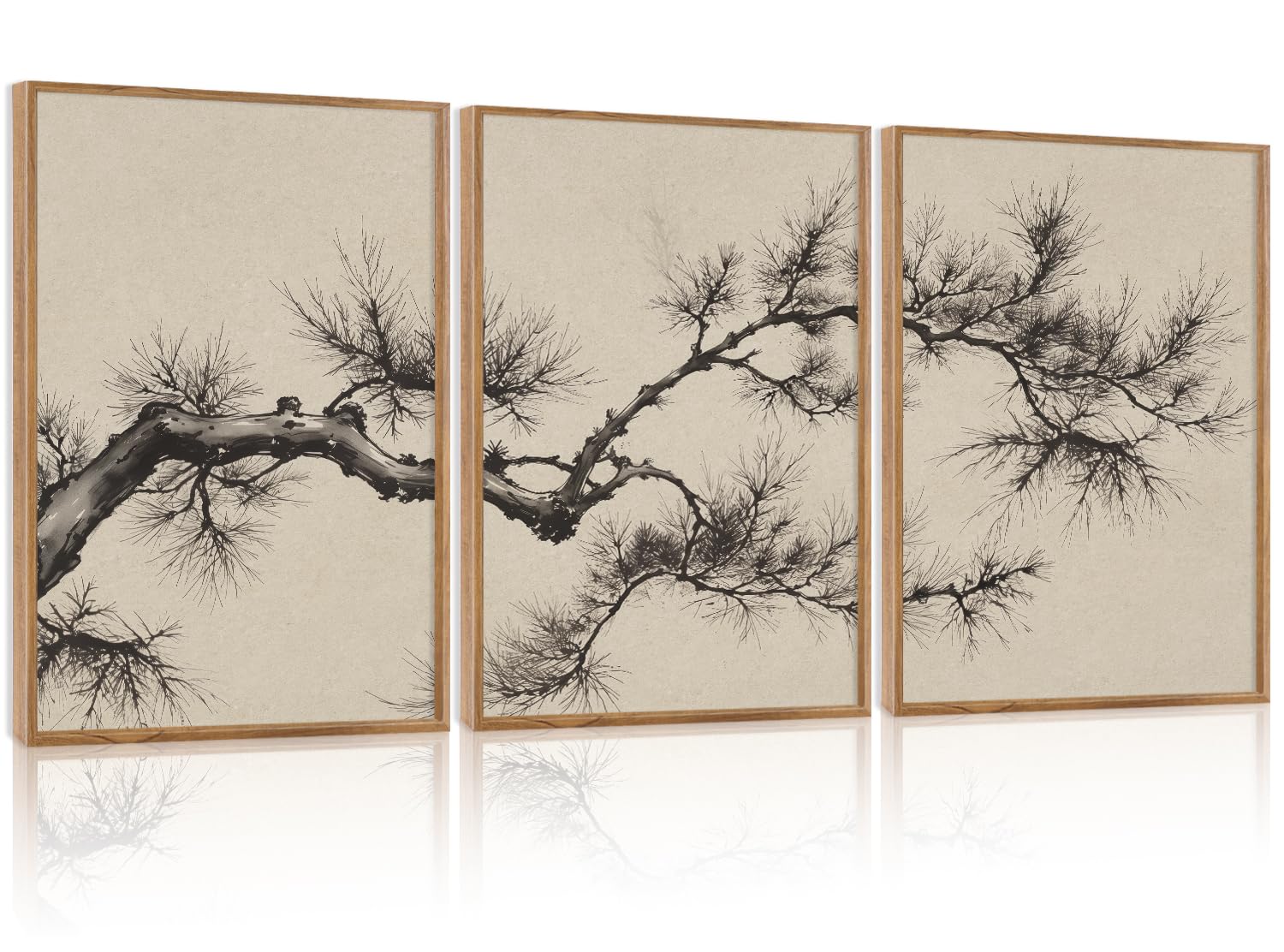 HPNIUB Vintage Sketch Pine Tree Framed Canvas Wall Art Set, Brown Antique Tree Branch Wall Decor, Nature Botanical Art Print, Mo