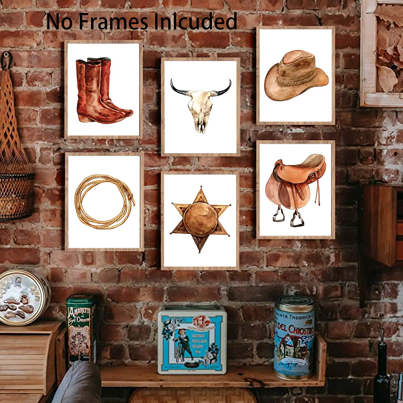 Niio Western Cowboy Wall Art, Cow Skull Canvas Art Decor, West Rodeo Hat And Boots Print For Farmhouse Theme Set Of 6-(8Inchx10I