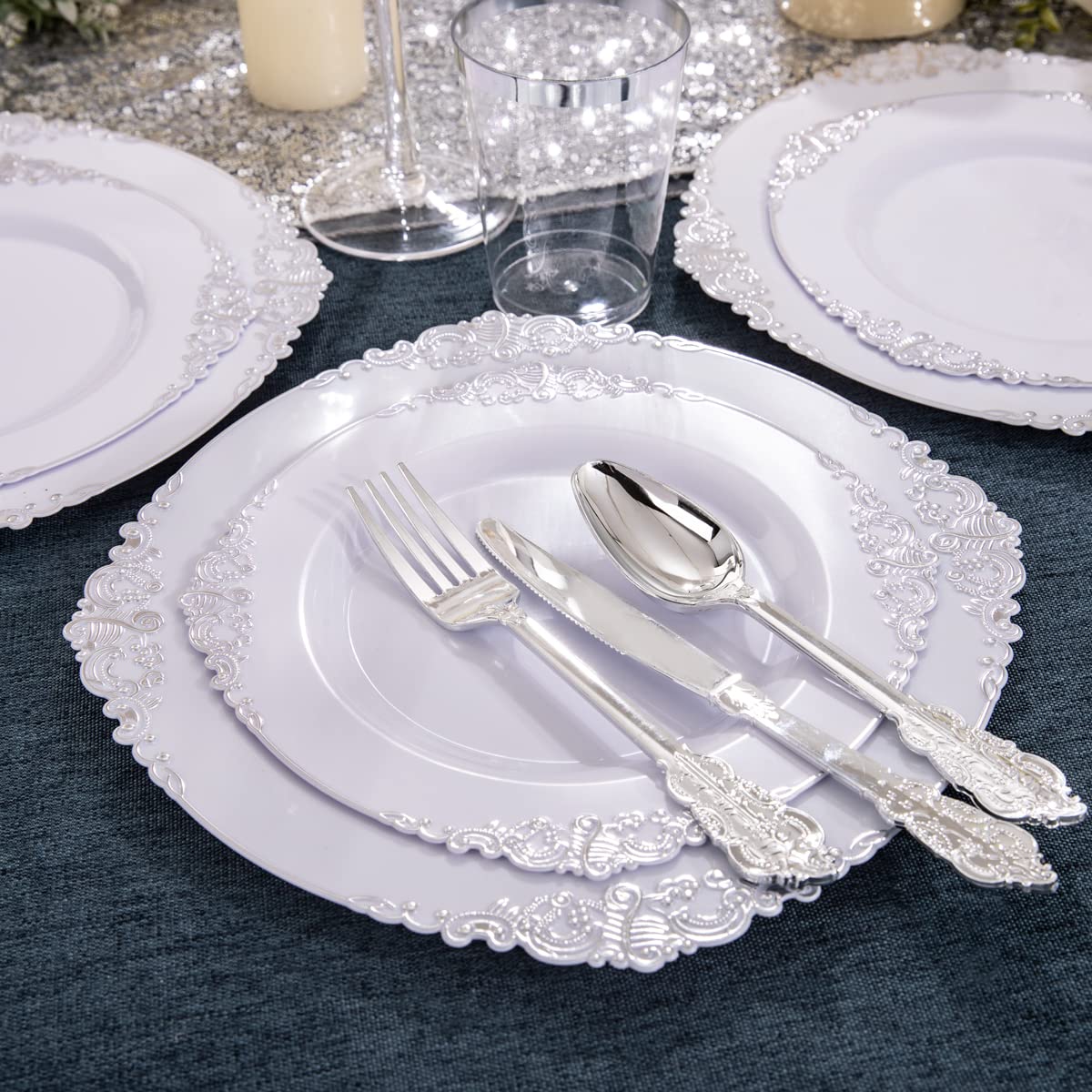 Hioasis 100pcs White Silver Plastic Plates for Party - 7.5 Dinner Plates Disposable, Heavy -duty, Classy and Elegant for Thanksg