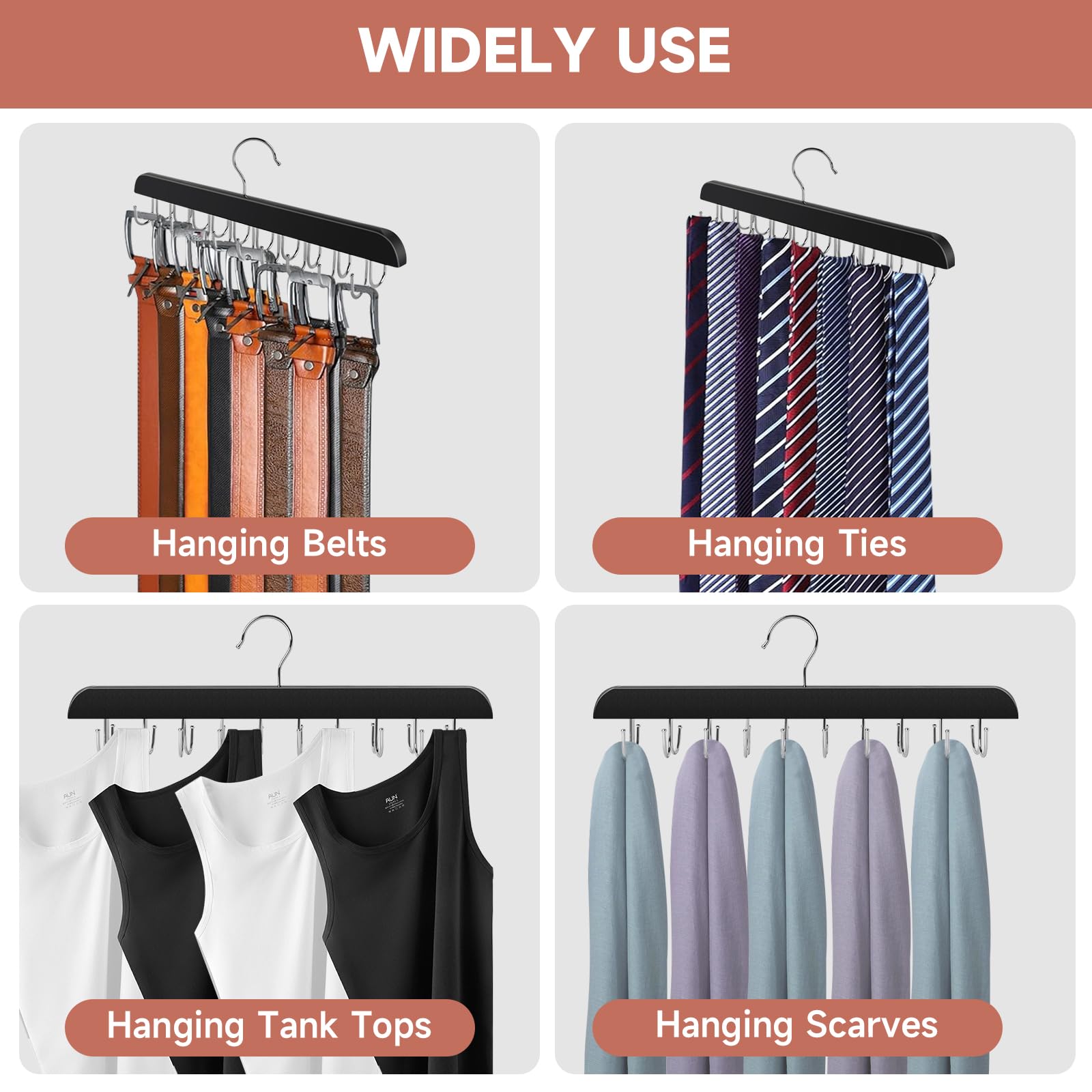 Belt Hanger For Closet, Holds Max 60 Belts, Wooden 20 Hooks Belt Organizer Wardrobe Accessory, 360 Rotatable Belt Storage Hanger