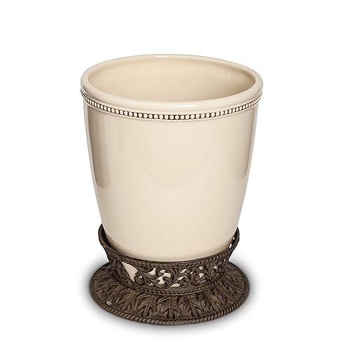 Gg Collection Small Cream Ceramic Wastebasket With Acanthus Leaf Metal Base