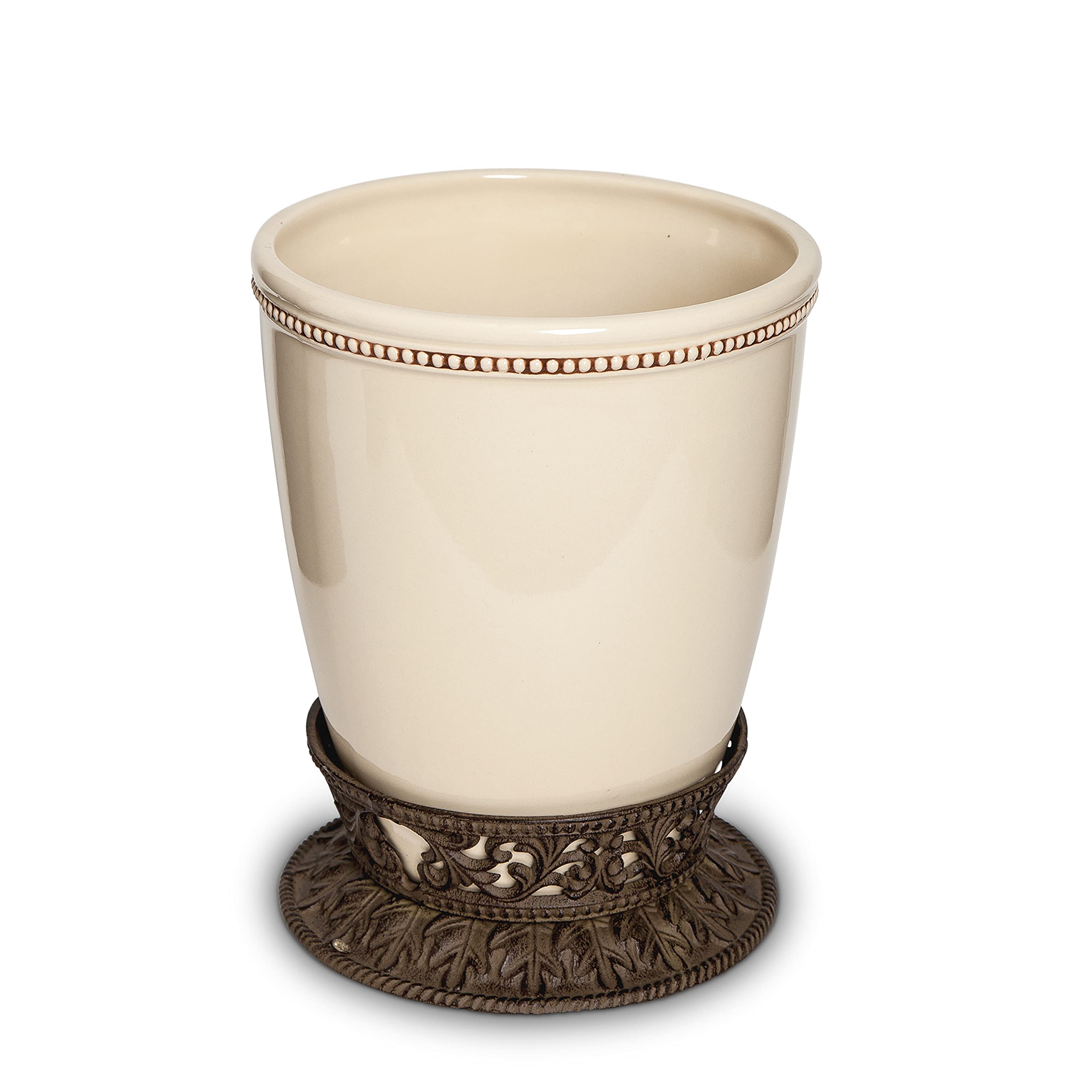 Gg Collection Small Cream Ceramic Wastebasket With Acanthus Leaf Metal Base