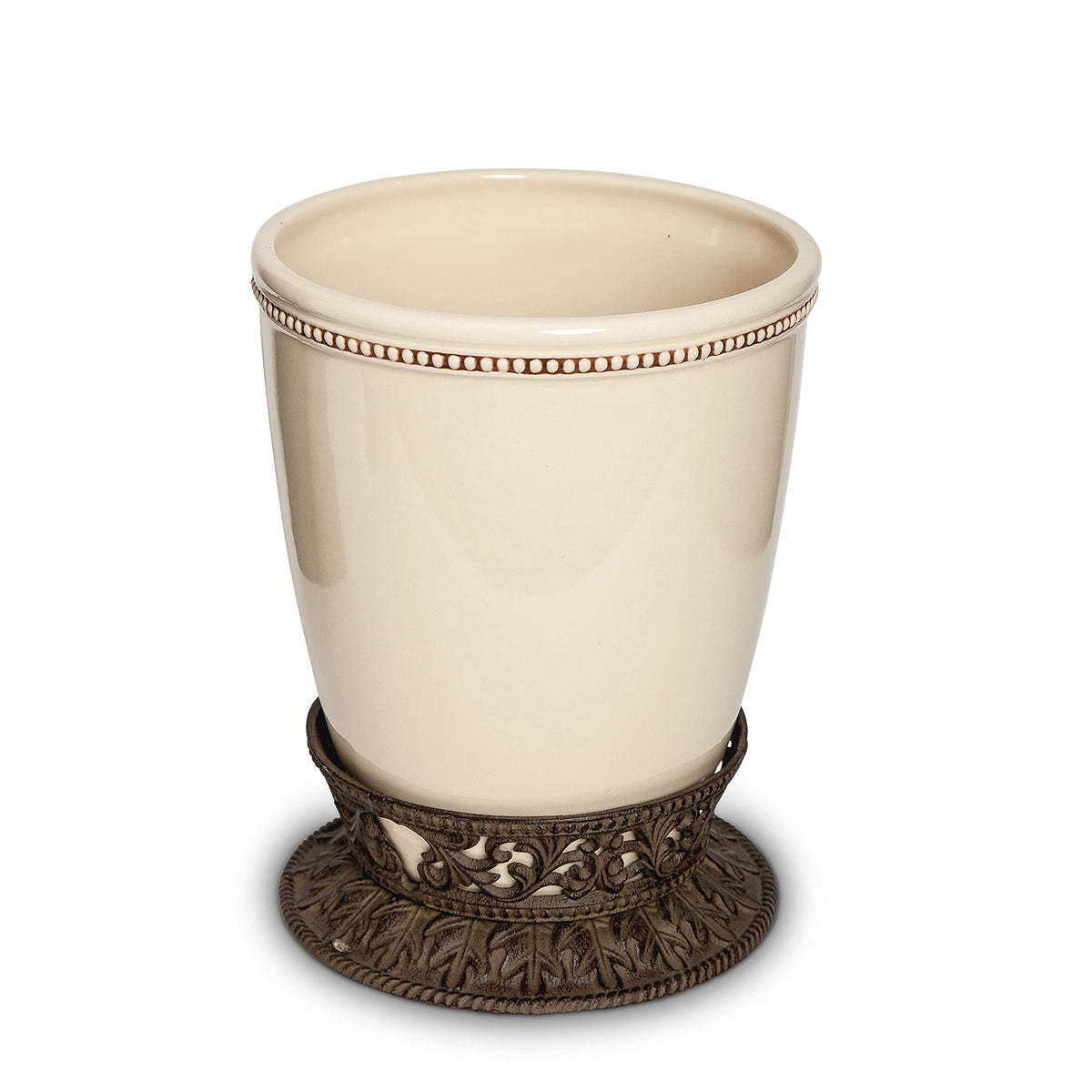 Gg Collection Small Cream Ceramic Wastebasket With Acanthus Leaf Metal Base
